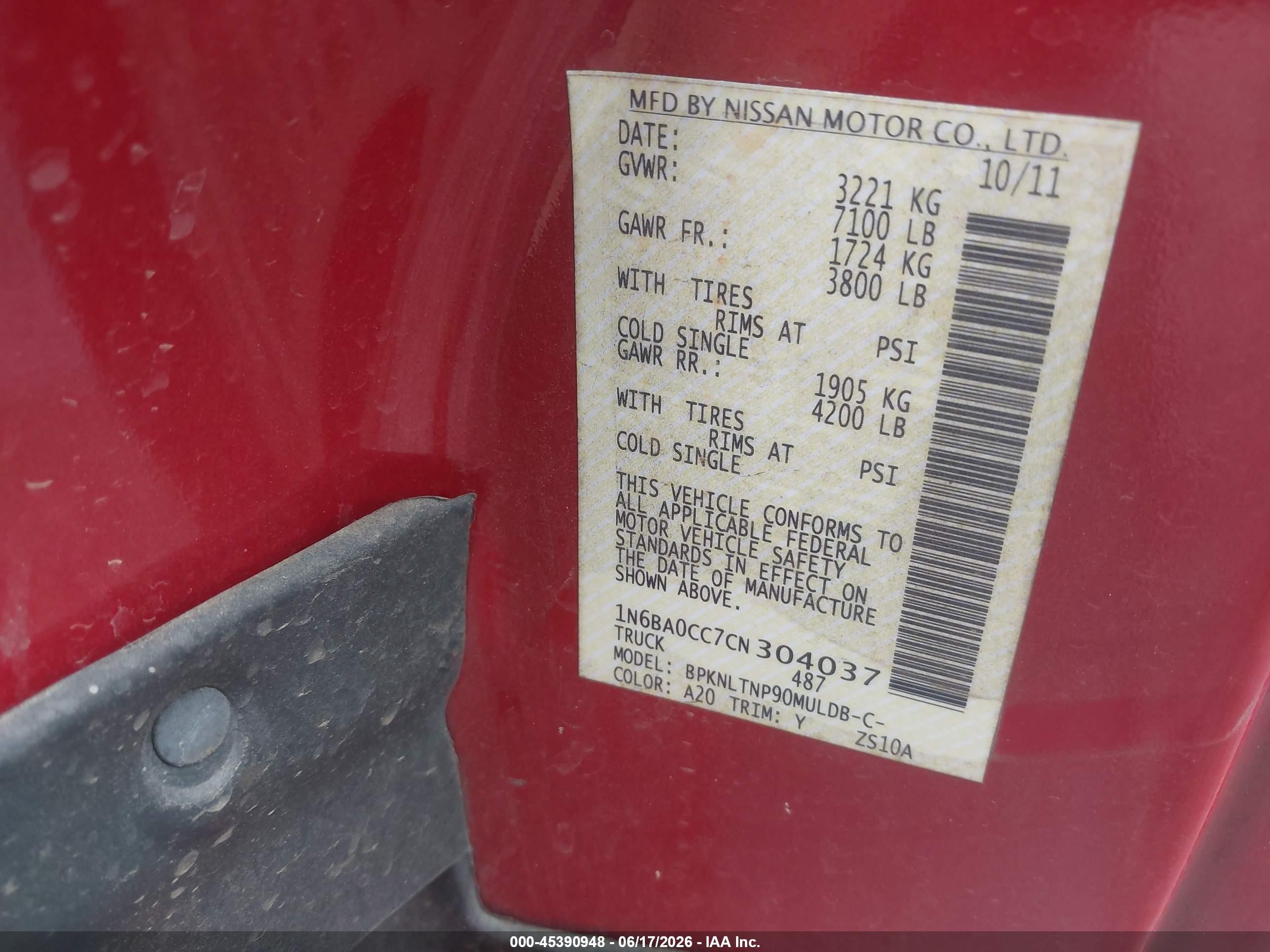 2012 Nissan Titan Sv Red vin: 1N6BA0CC7CN304037