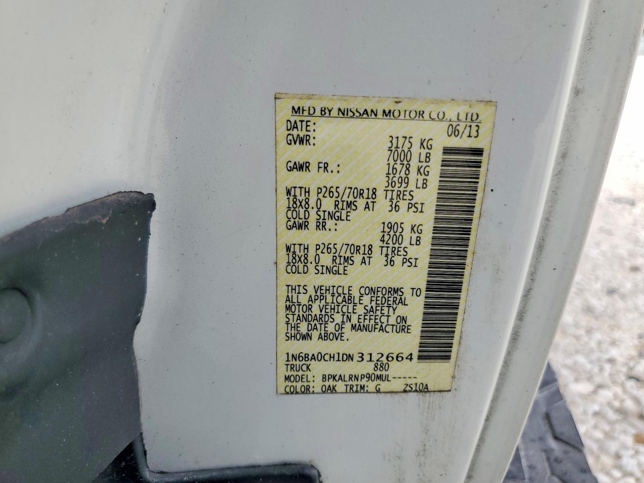2013 Nissan Titan S White vin: 1N6BA0CH1DN312664