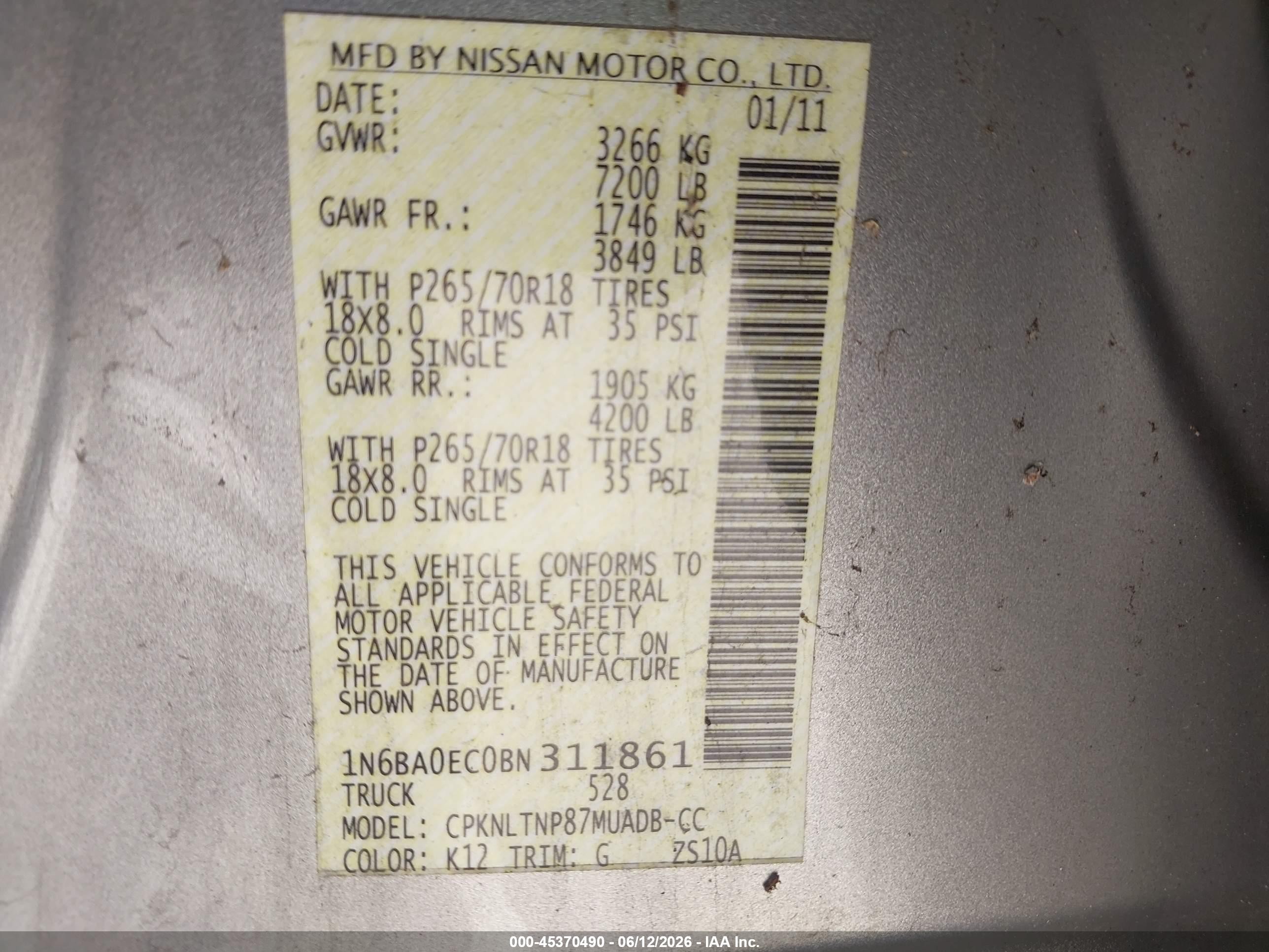 2011 Nissan Titan Sv Silver vin: 1N6BA0EC0BN311861