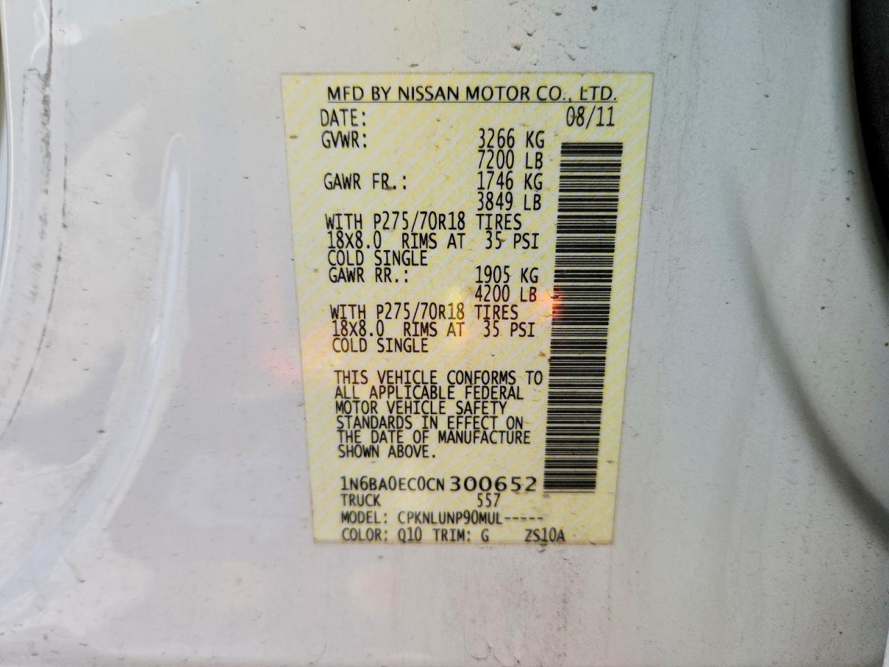 2012 Nissan Titan Sv White vin: 1N6BA0EC0CN300652