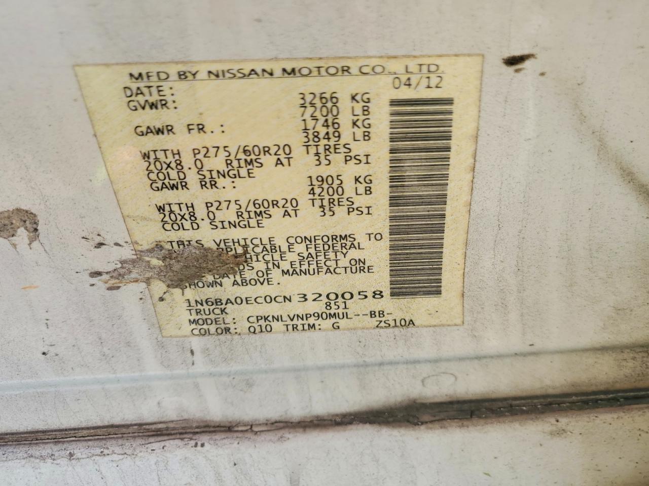 2012 Nissan Titan Sv White vin: 1N6BA0EC0CN320058