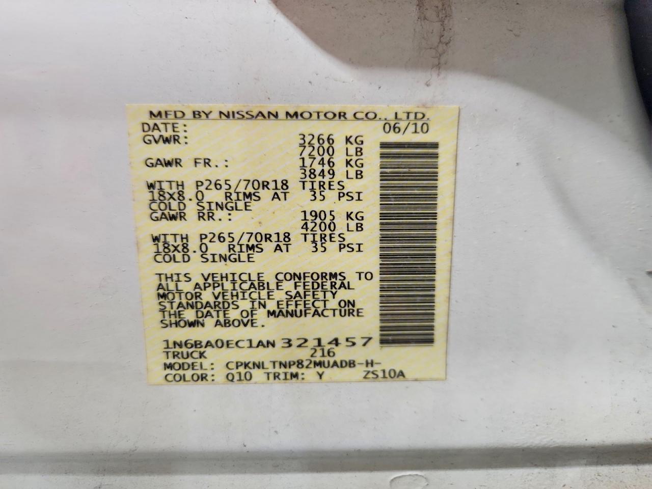 2010 Nissan Titan Se White vin: 1N6BA0EC1AN321457