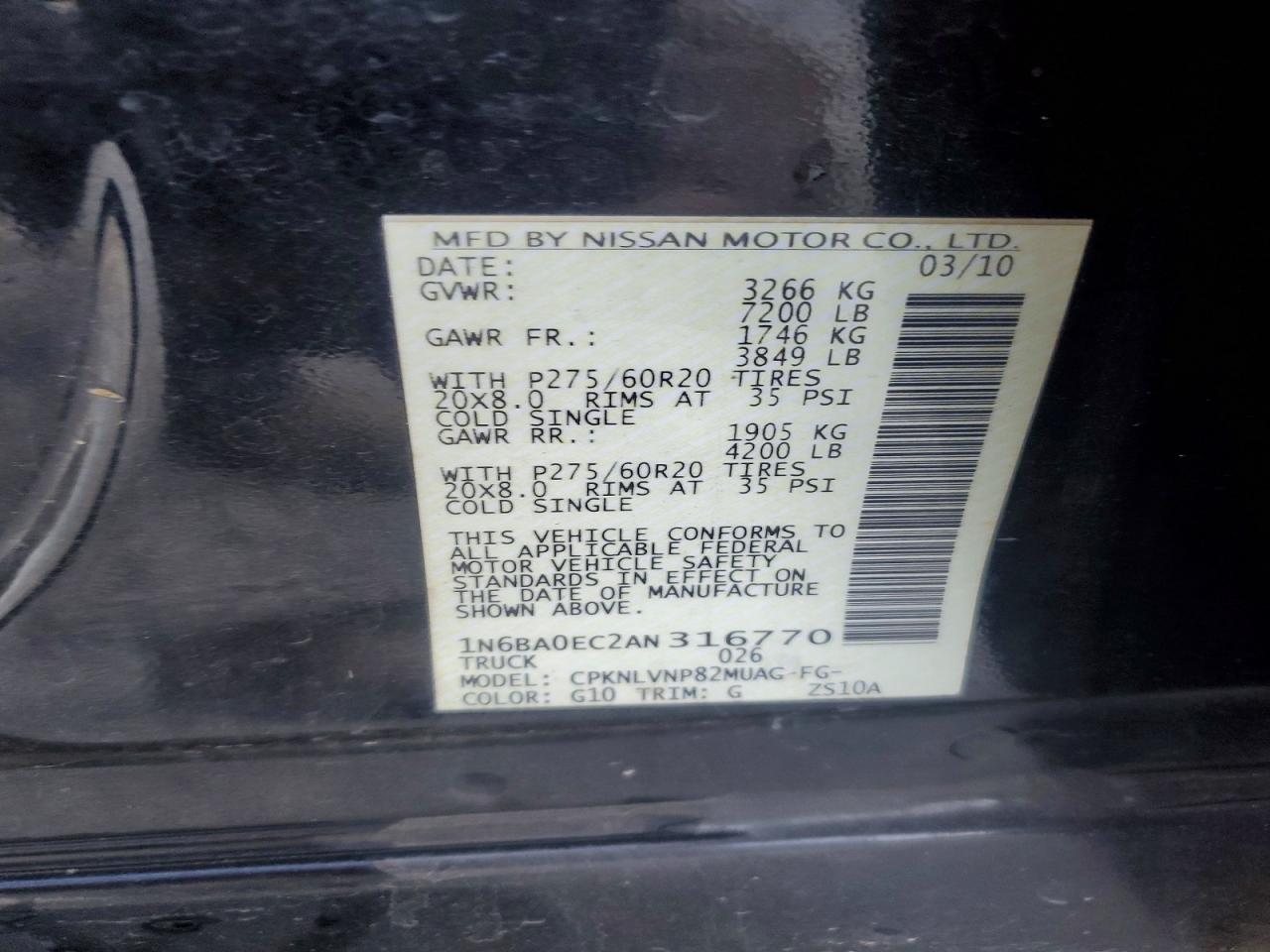 2010 Nissan Titan Se Black vin: 1N6BA0EC2AN316770