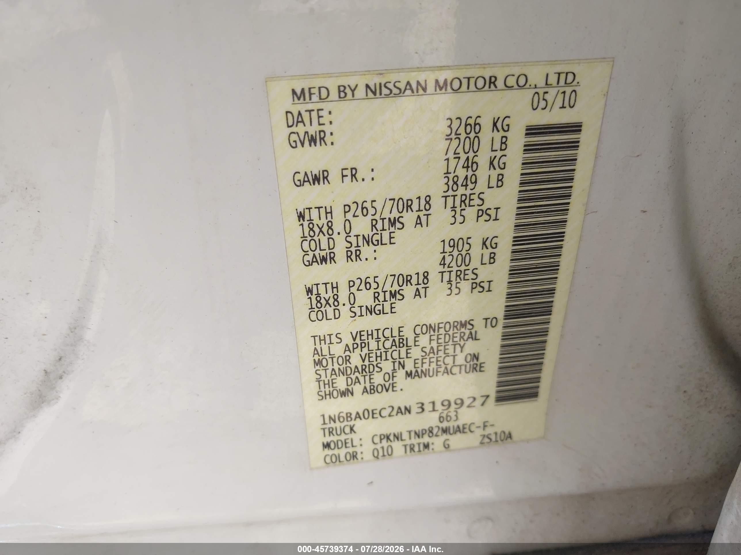 2010 Nissan Titan Se White vin: 1N6BA0EC2AN319927