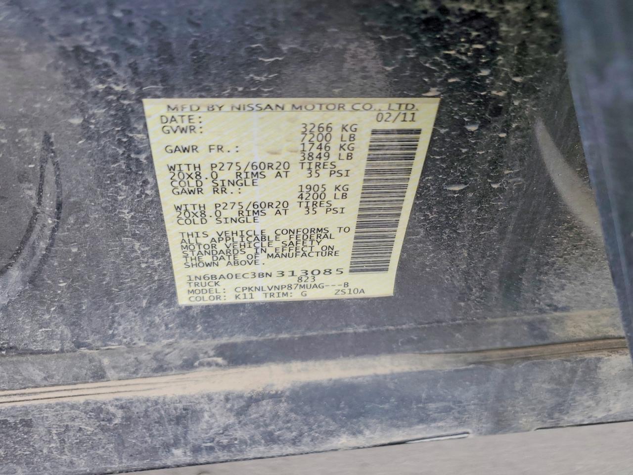 2011 Nissan Titan Sv Gray vin: 1N6BA0EC3BN313085