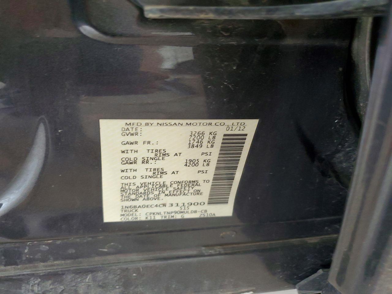 2012 Nissan Titan Sv Gray vin: 1N6BA0EC4CN311900