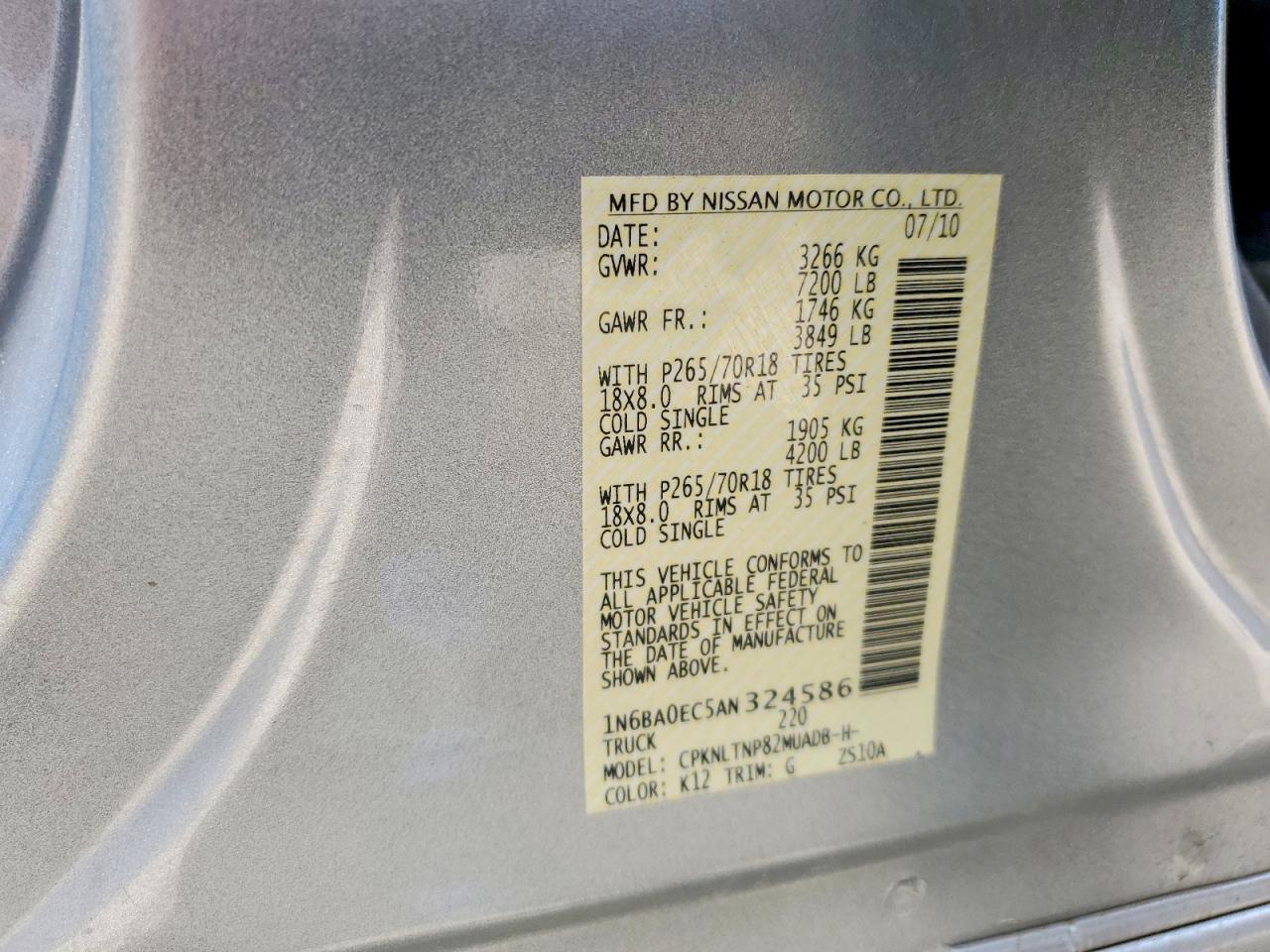 2010 Nissan Titan Se Silver vin: 1N6BA0EC5AN324586