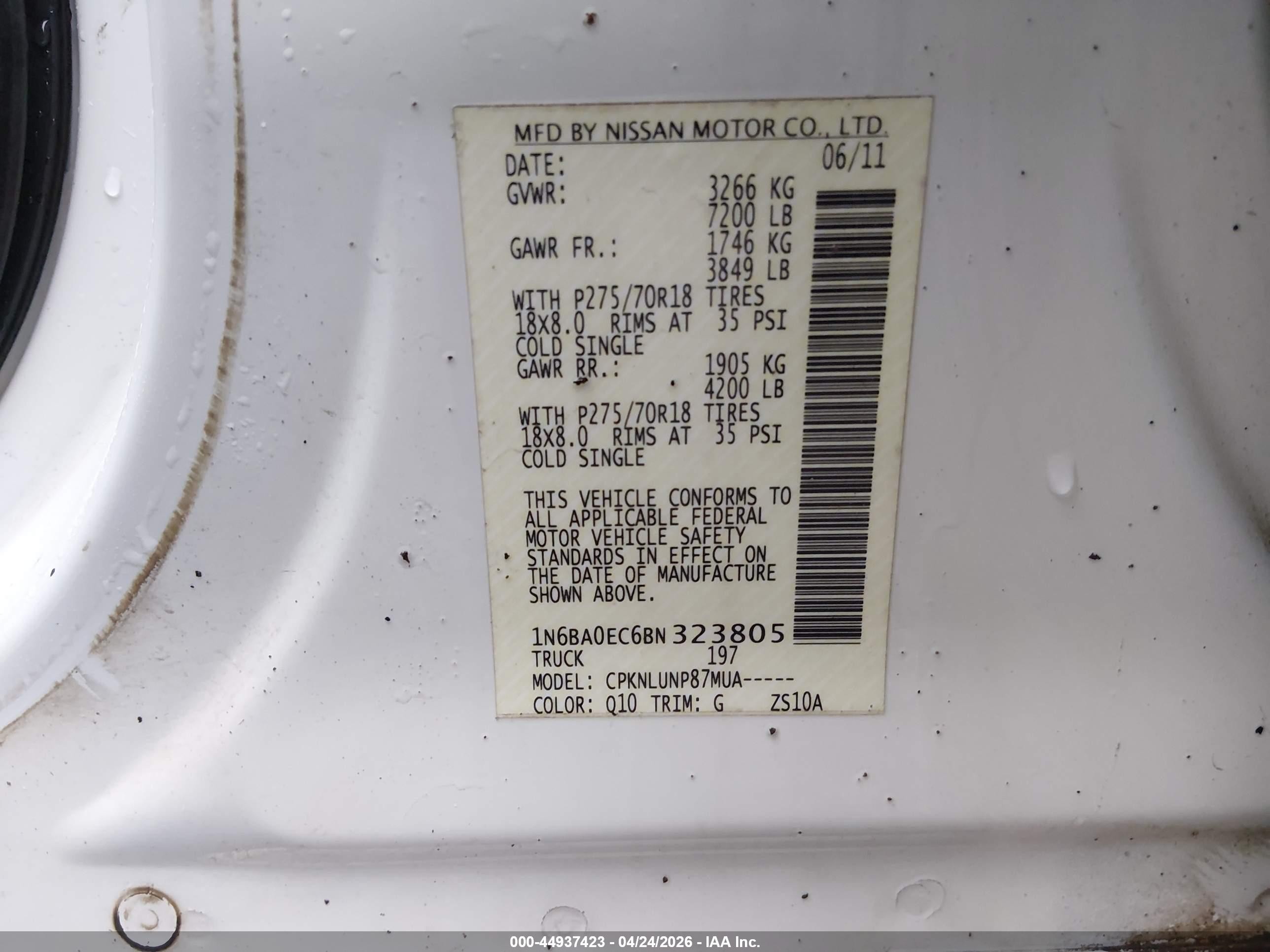 2011 Nissan Titan Pro-4x White vin: 1N6BA0EC6BN323805