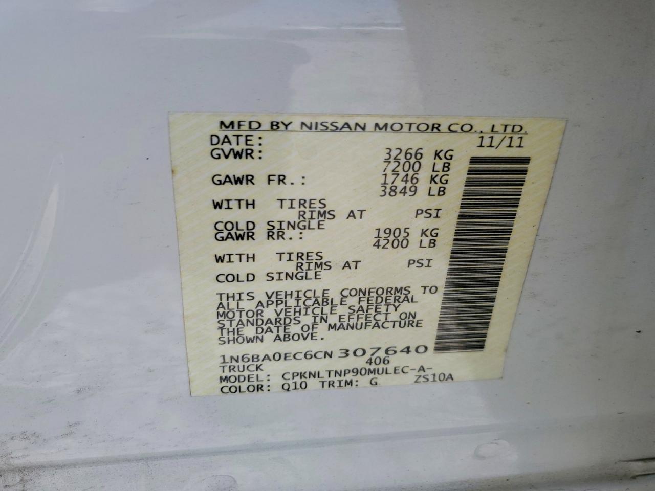 2012 Nissan Titan Sv White vin: 1N6BA0EC6CN307640