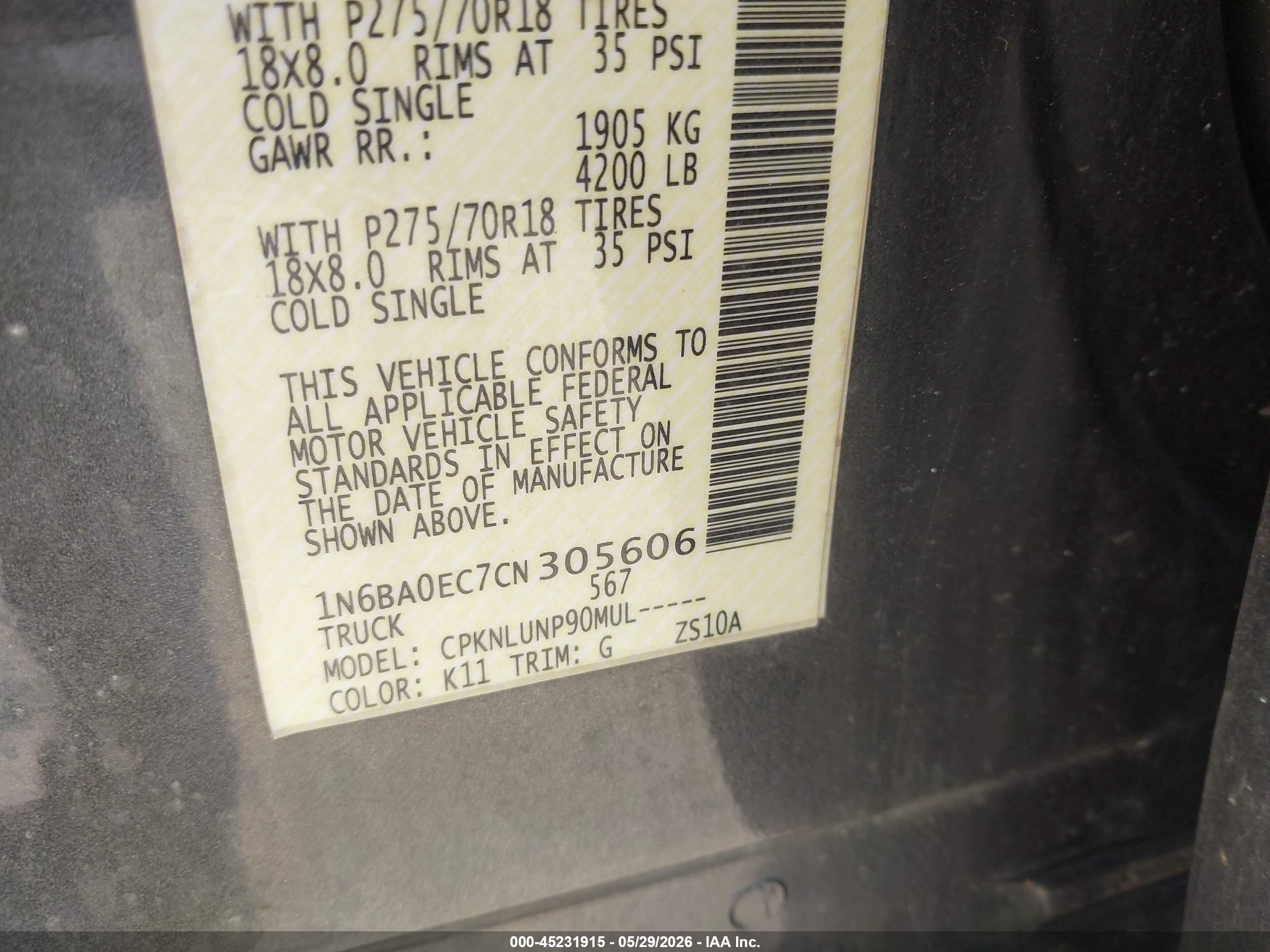 2012 Nissan Titan Pro-4x Gray vin: 1N6BA0EC7CN305606