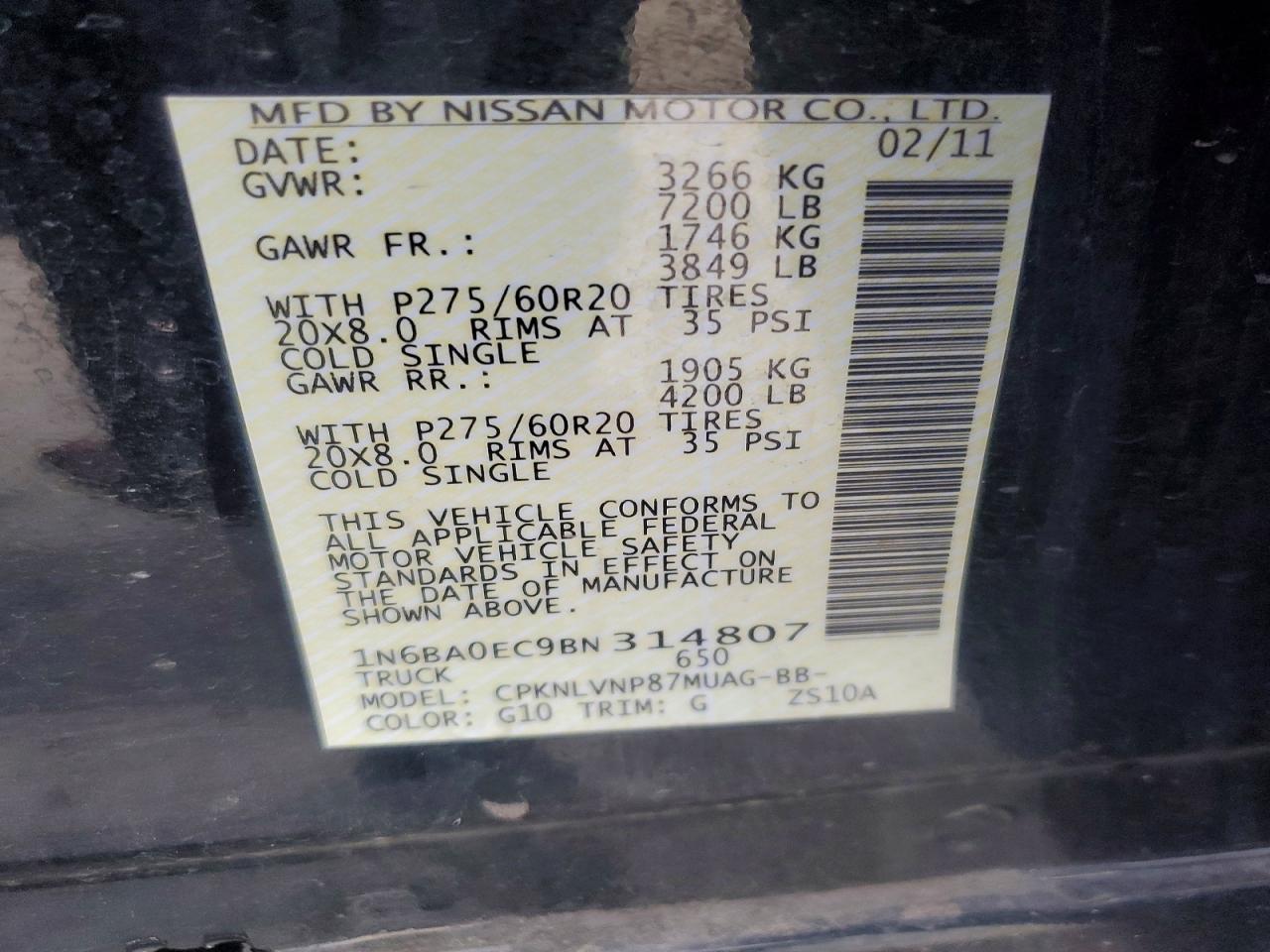 2011 Nissan Titan S/sv/sl/pro-4x Black vin: 1N6BA0EC9BN314807