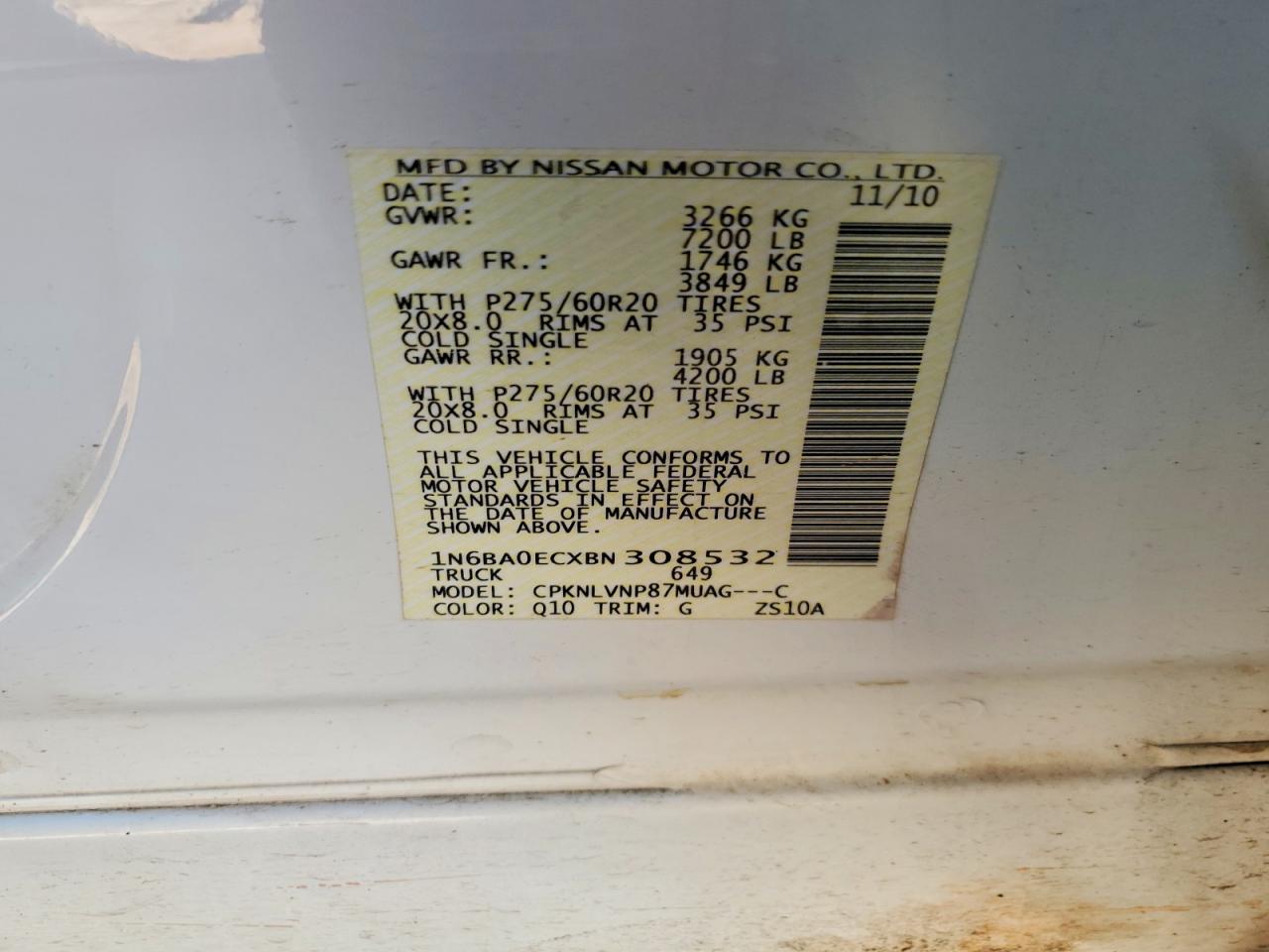 2011 Nissan Titan Sv White vin: 1N6BA0ECXBN308532