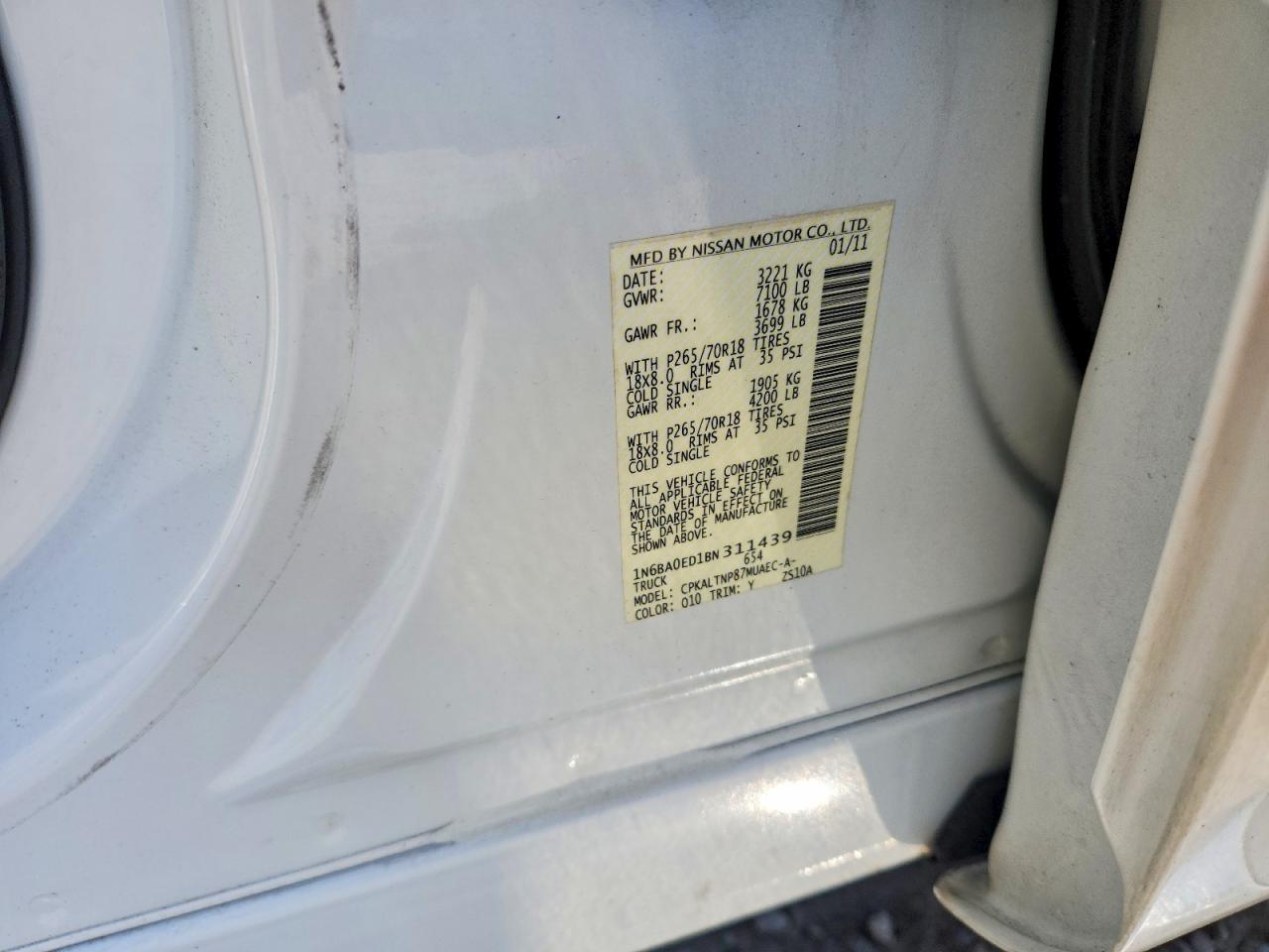 2011 Nissan Titan Sv White vin: 1N6BA0ED1BN311439
