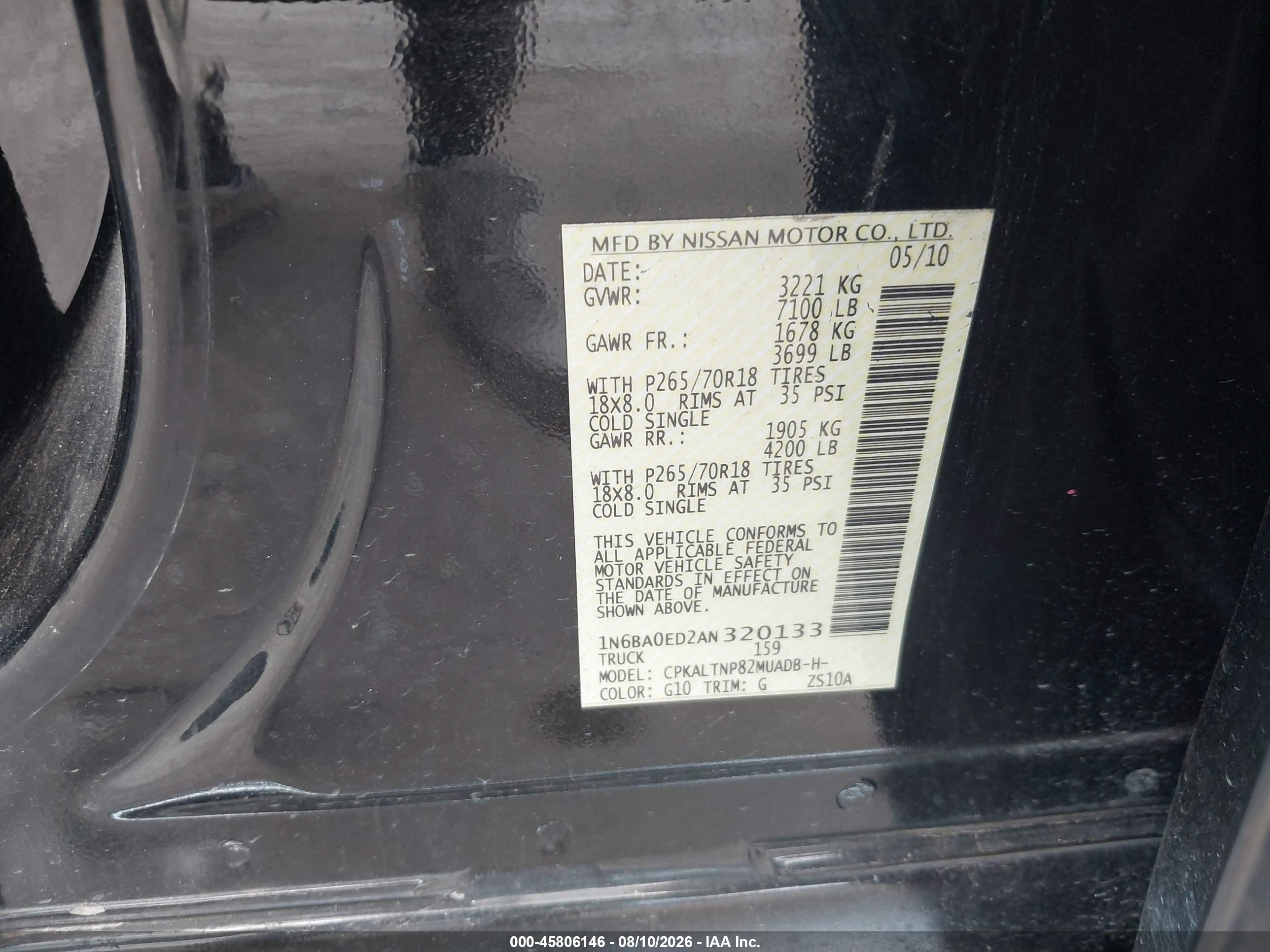 2010 Nissan Titan Se Black vin: 1N6BA0ED2AN320133