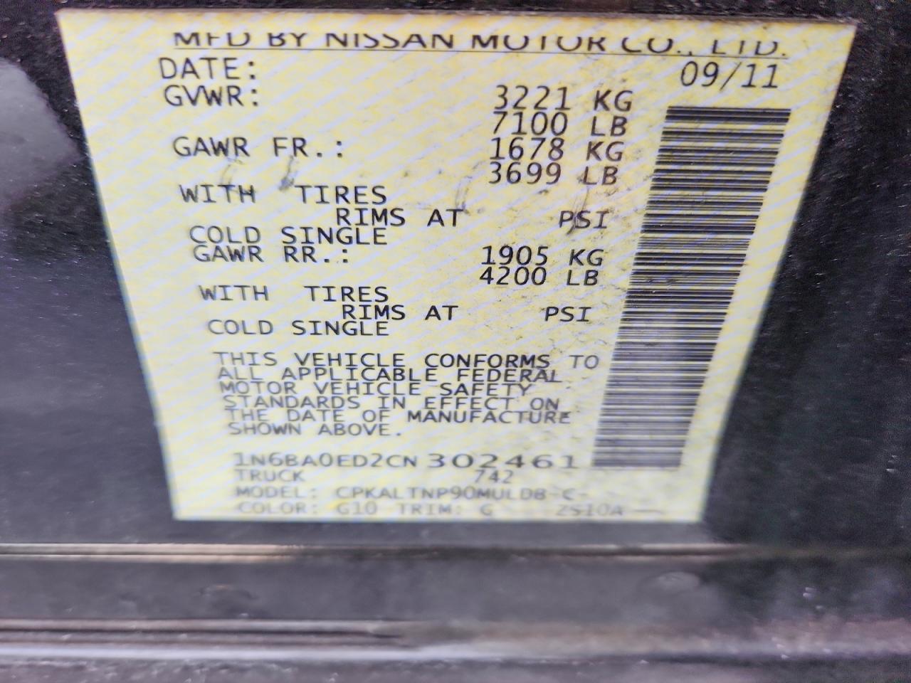 2012 Nissan Titan S/sv/sl/pro-4x Black vin: 1N6BA0ED2CN302461