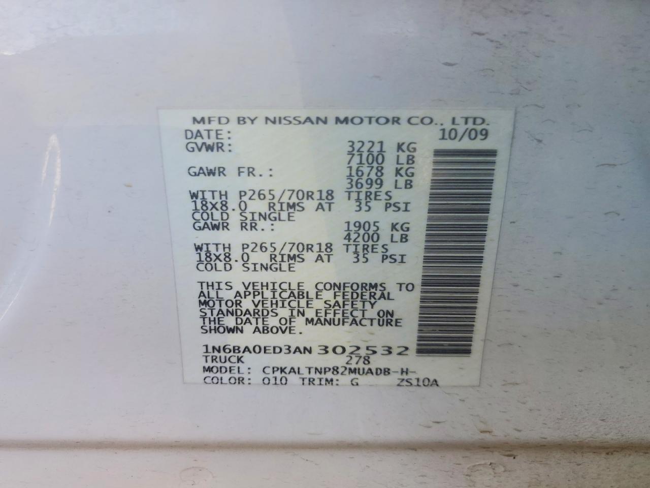 2010 Nissan Titan Se White vin: 1N6BA0ED3AN302532