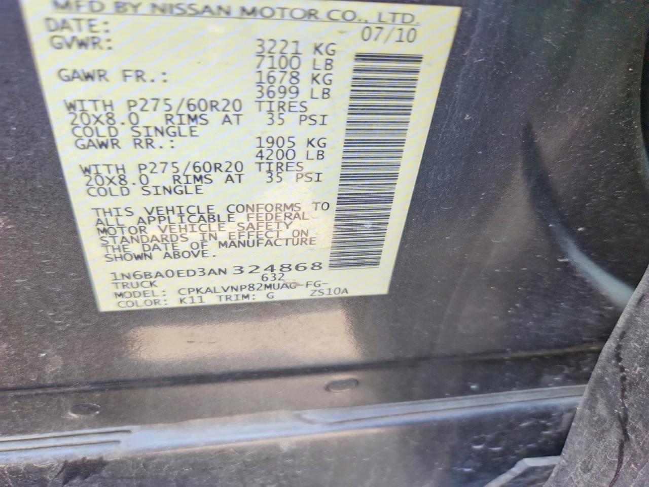 2010 Nissan Titan Se Серый vin: 1N6BA0ED3AN324868