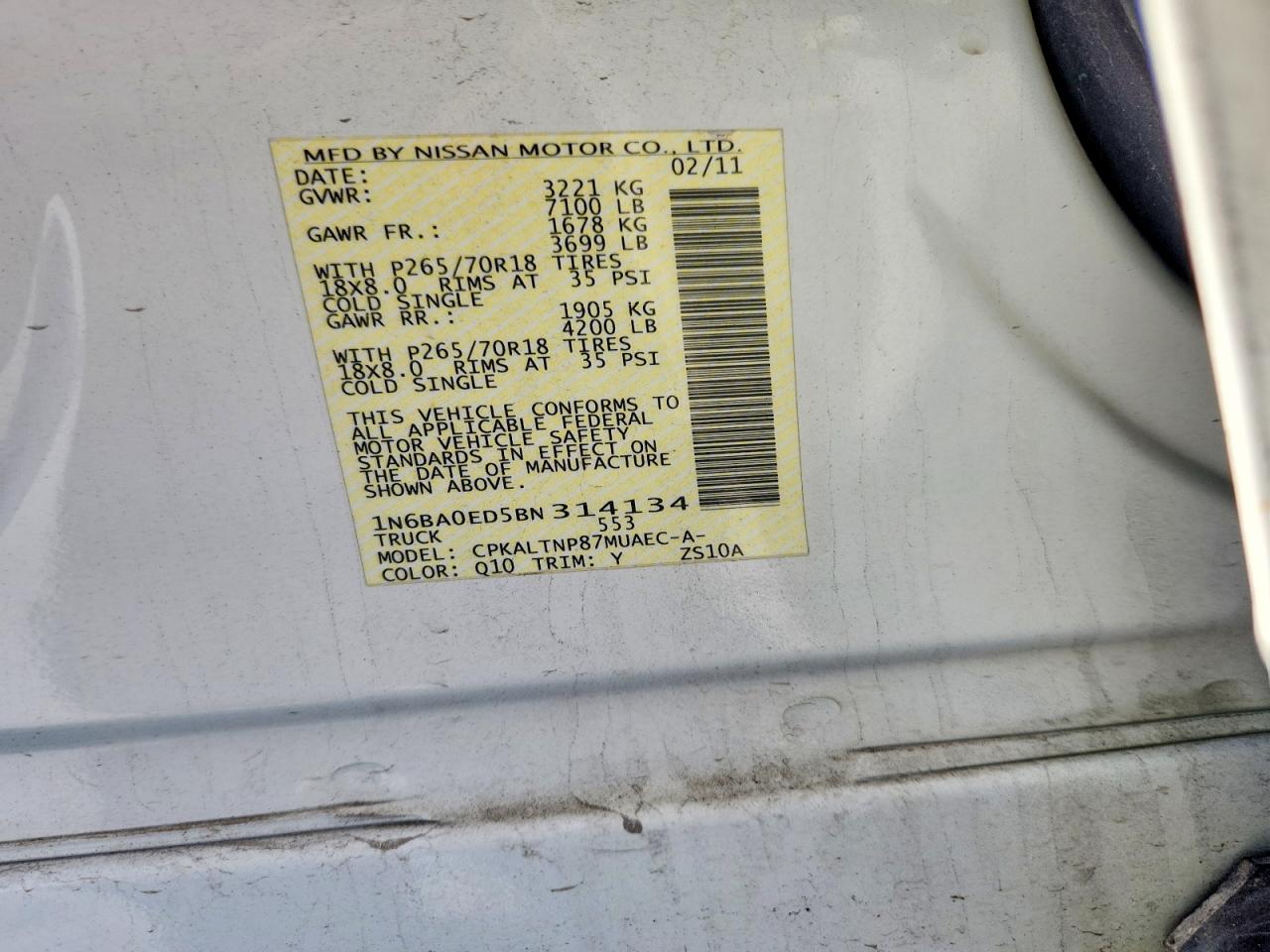 2011 Nissan Titan Sv White vin: 1N6BA0ED5BN314134