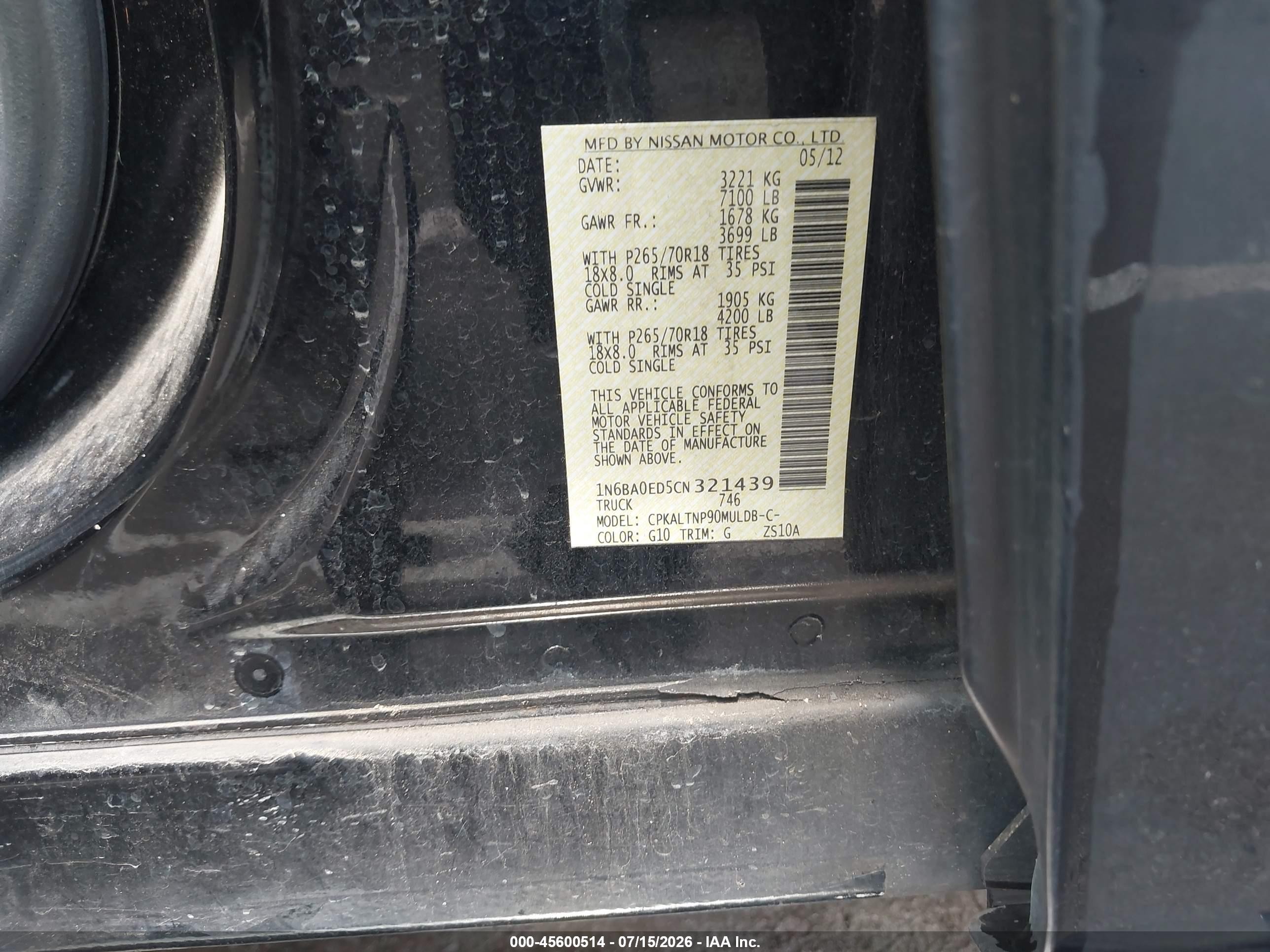 2012 Nissan Titan Sv Black vin: 1N6BA0ED5CN321439