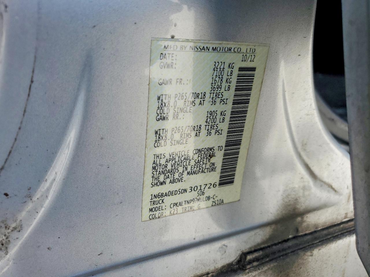 2013 Nissan Titan Sv Silver vin: 1N6BA0ED5DN301726