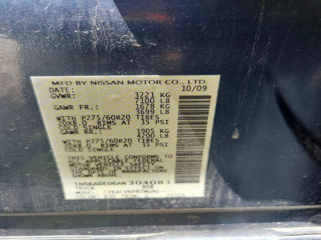 2010 Nissan Titan Xe Blue vin: 1N6BA0ED6AN304081