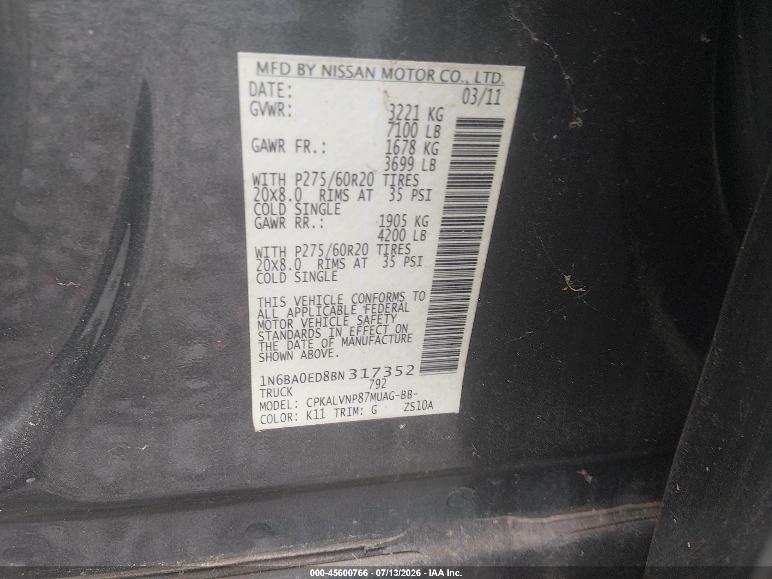2011 Nissan Titan Sl Gray vin: 1N6BA0ED8BN317352