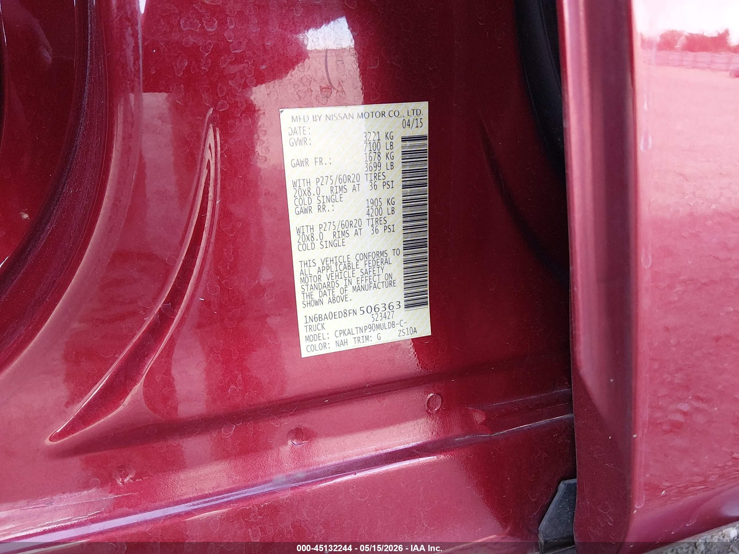 2015 Nissan Titan Sv Burgundy vin: 1N6BA0ED8FN506363