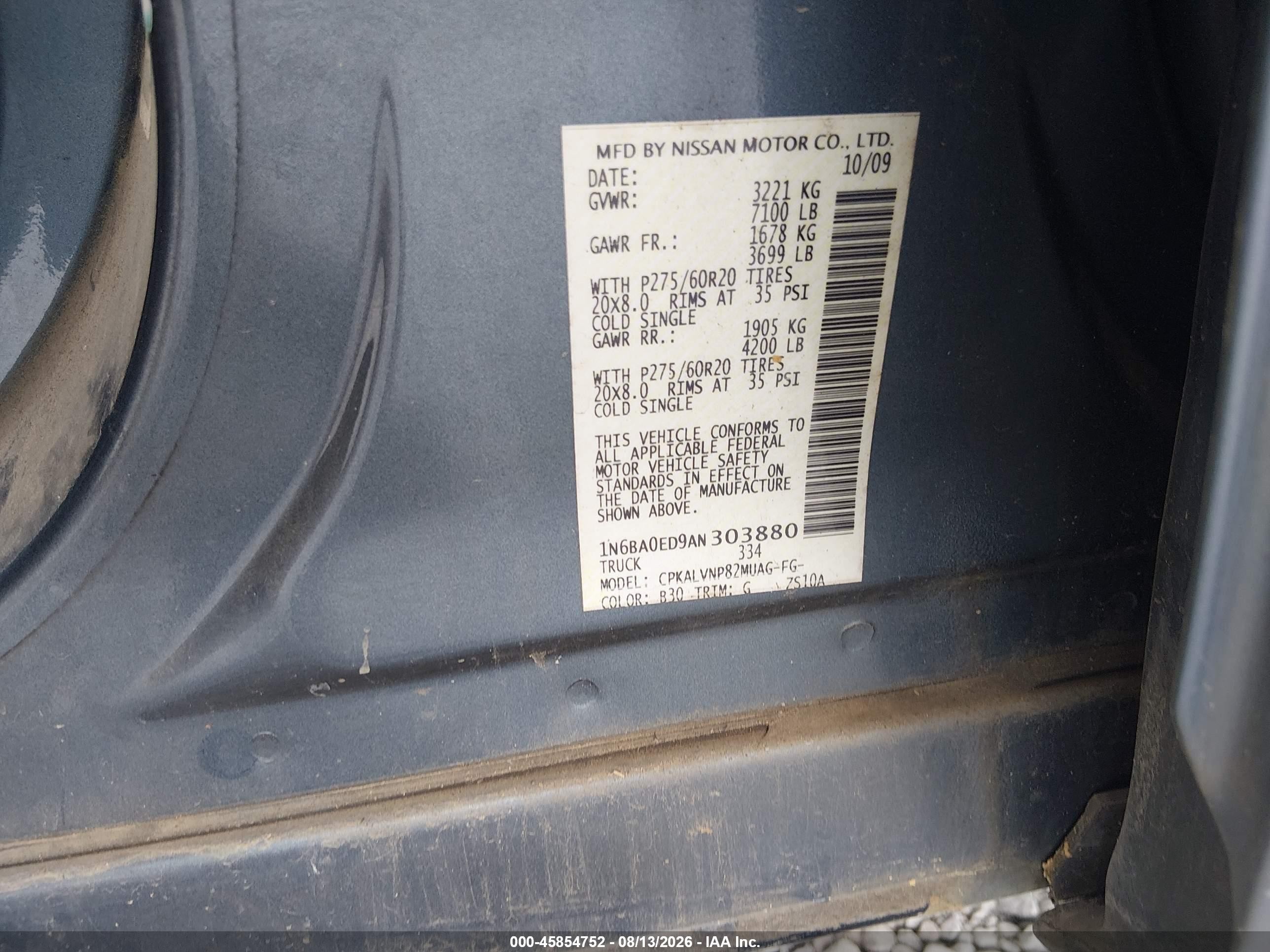 2010 Nissan Titan Le Синий vin: 1N6BA0ED9AN303880