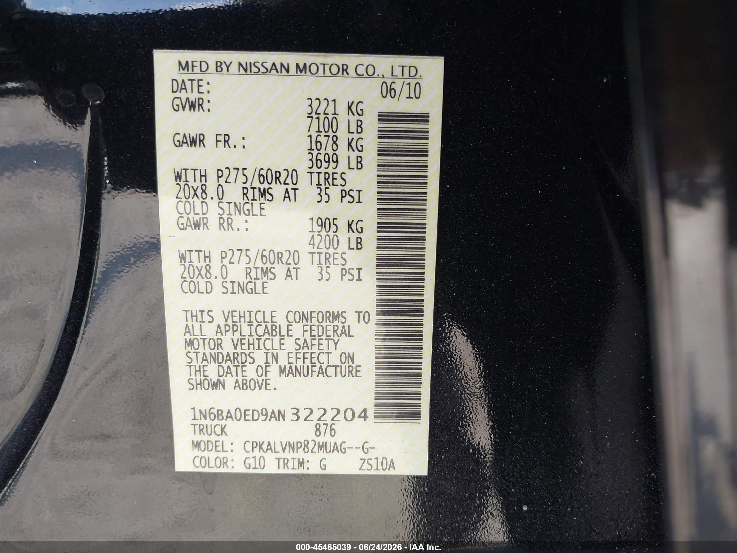 2010 Nissan Titan Le Black vin: 1N6BA0ED9AN322204