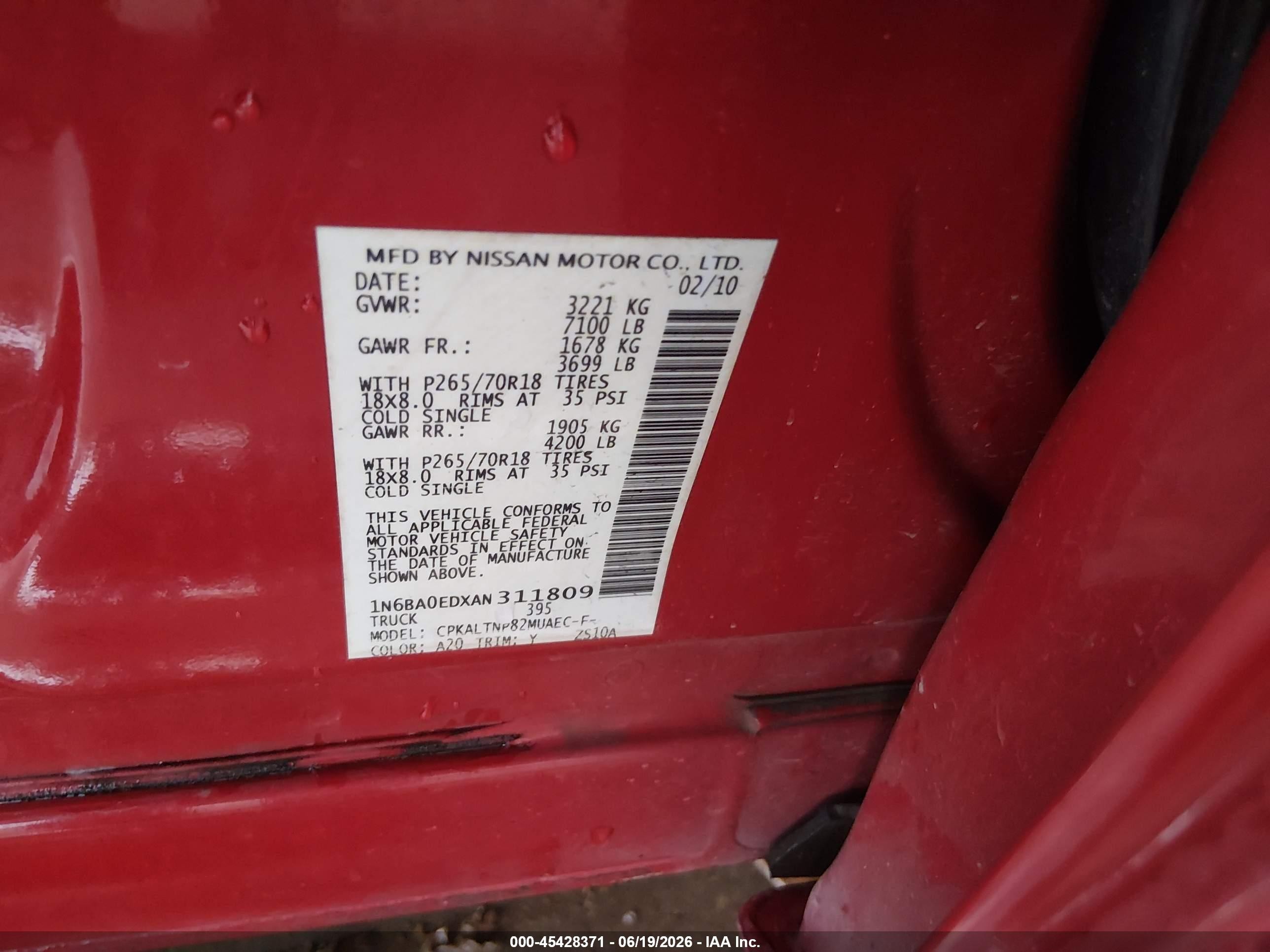 2010 Nissan Titan Se Red vin: 1N6BA0EDXAN311809