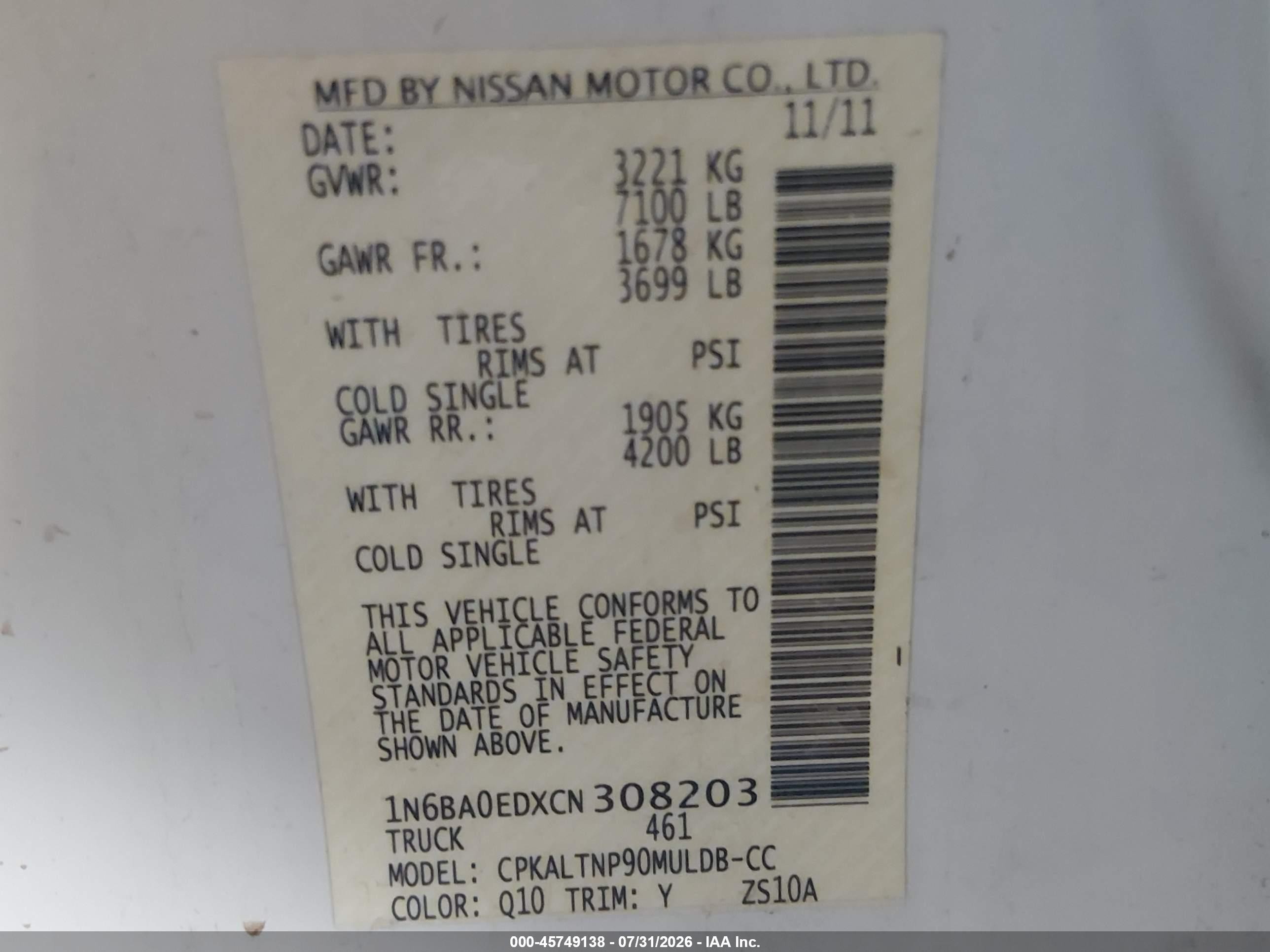 2012 Nissan Titan Sv White vin: 1N6BA0EDXCN308203