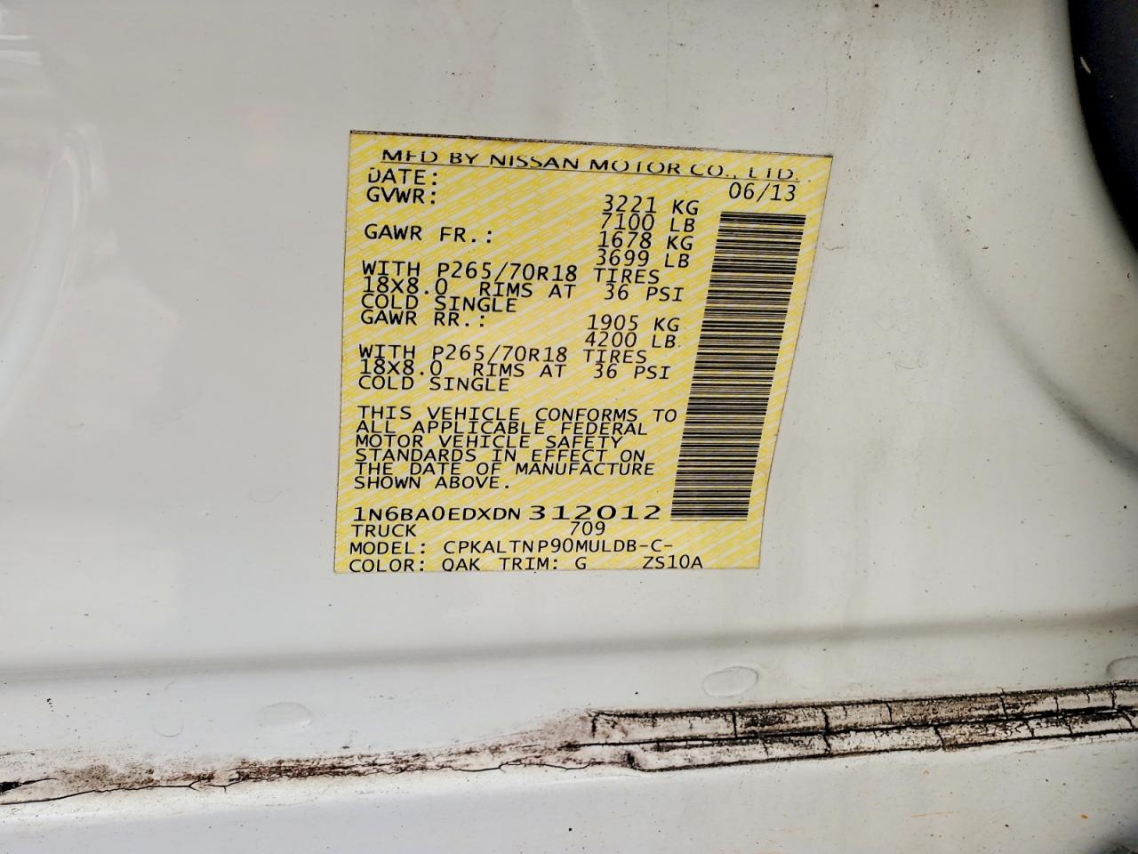 2013 Nissan Titan Sv White vin: 1N6BA0EDXDN312012