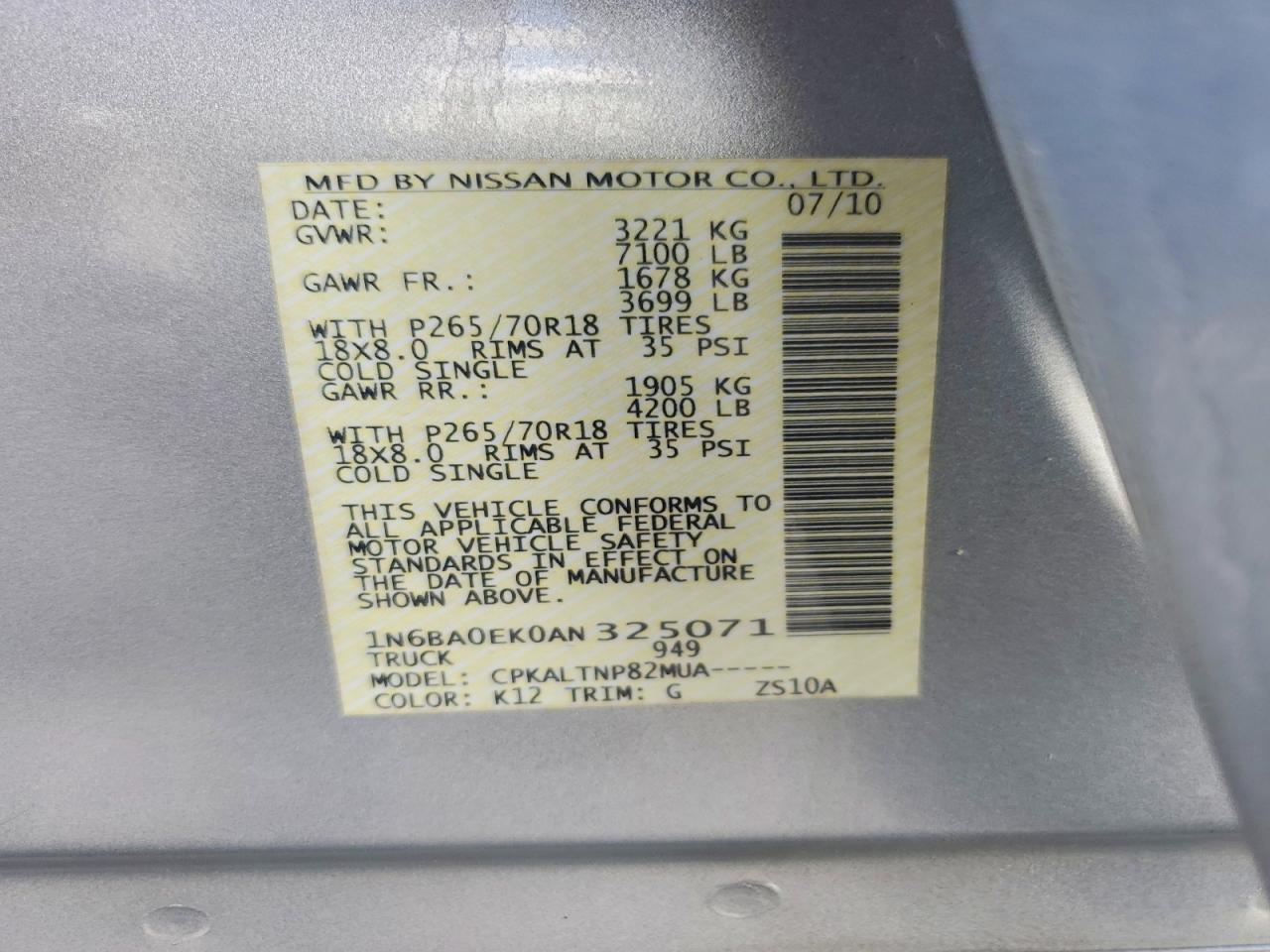 2010 Nissan Titan Xe Silver vin: 1N6BA0EK0AN325071