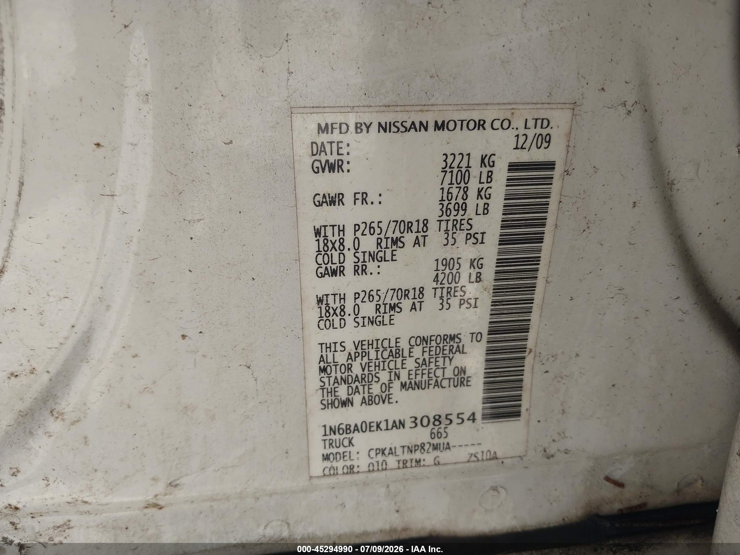 2010 Nissan Titan Se White vin: 1N6BA0EK1AN308554