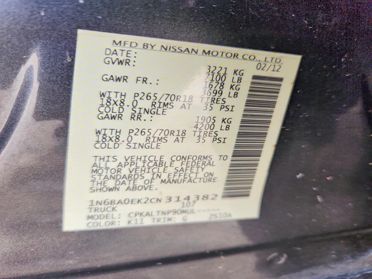 2012 Nissan Titan S Gray vin: 1N6BA0EK2CN314382