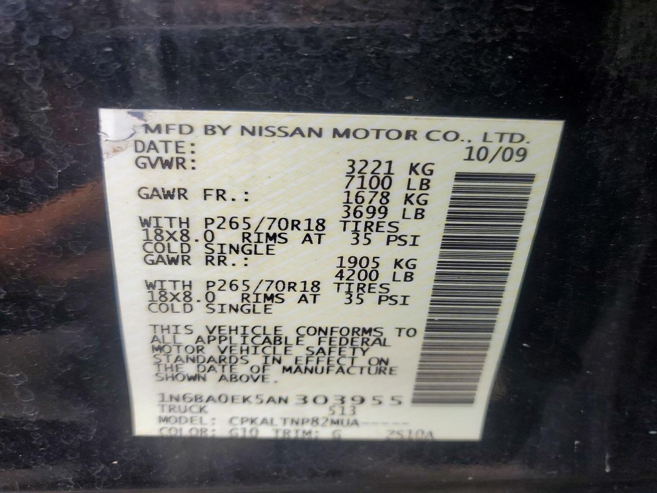 2010 Nissan Titan Xe Black vin: 1N6BA0EK5AN303955
