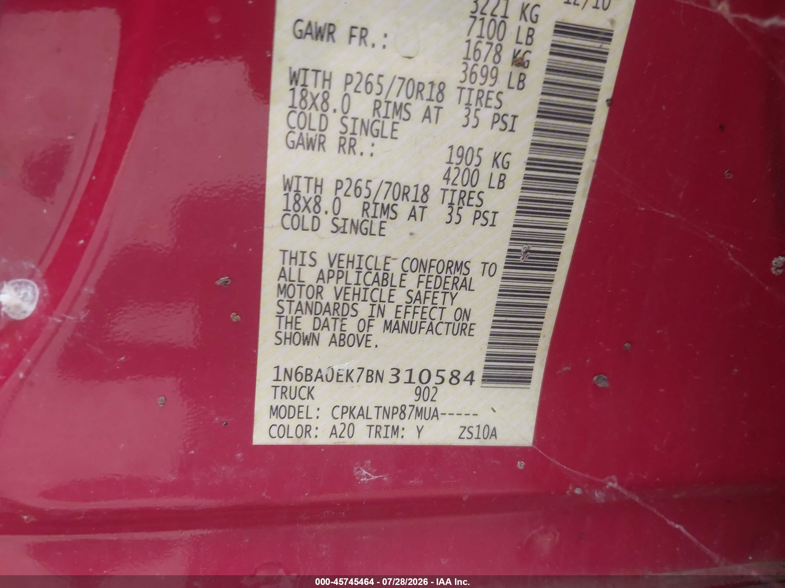 2011 Nissan Titan Sv Красный vin: 1N6BA0EK7BN310584
