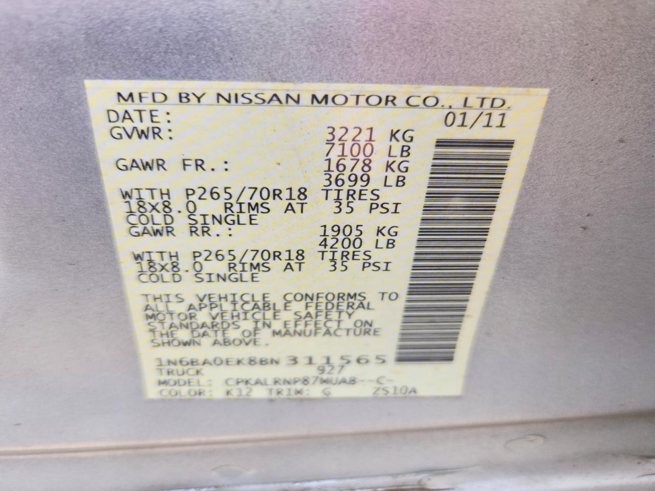 2011 Nissan Titan S Silver vin: 1N6BA0EK8BN311565