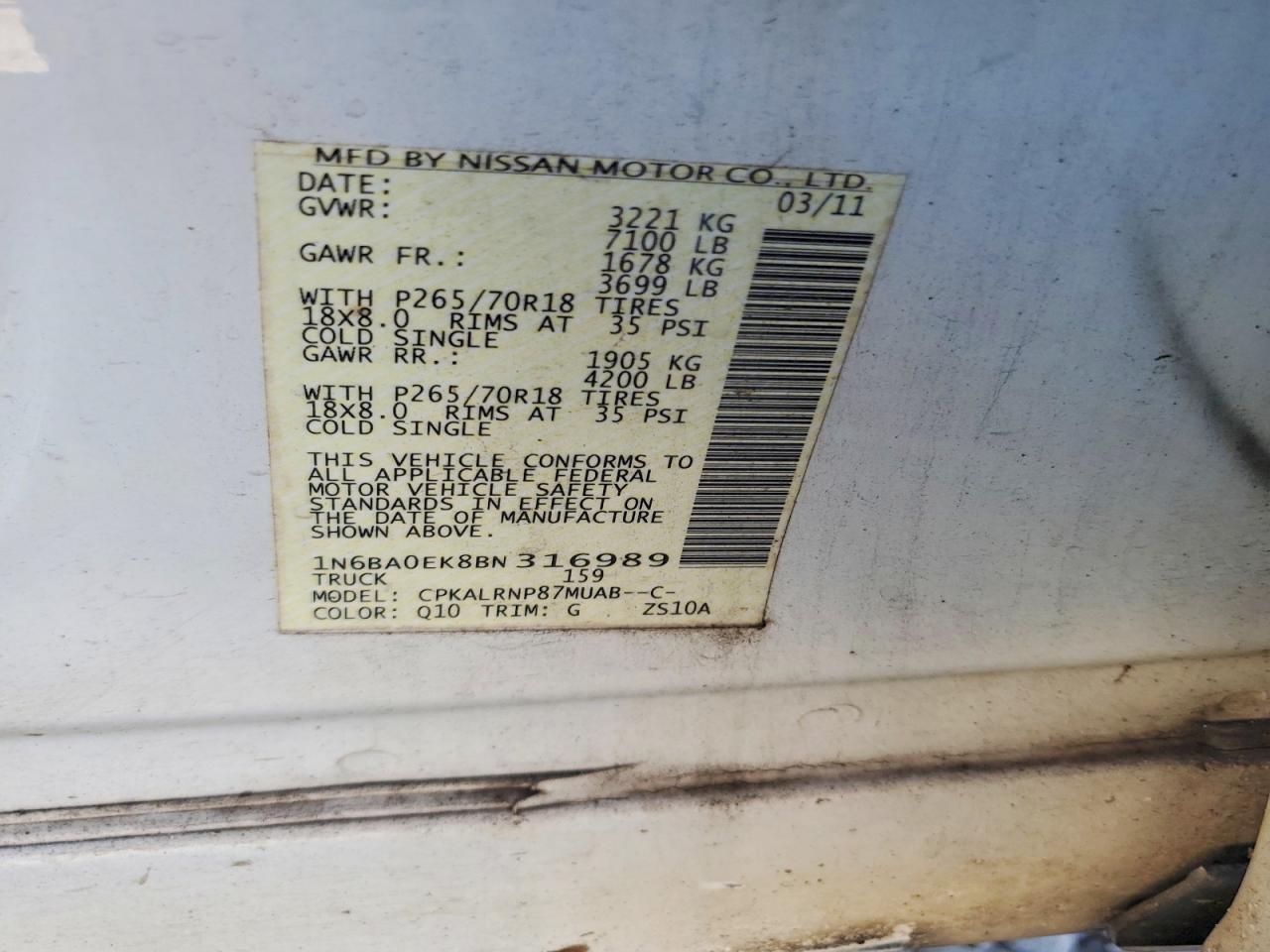 2011 Nissan Titan S White vin: 1N6BA0EK8BN316989