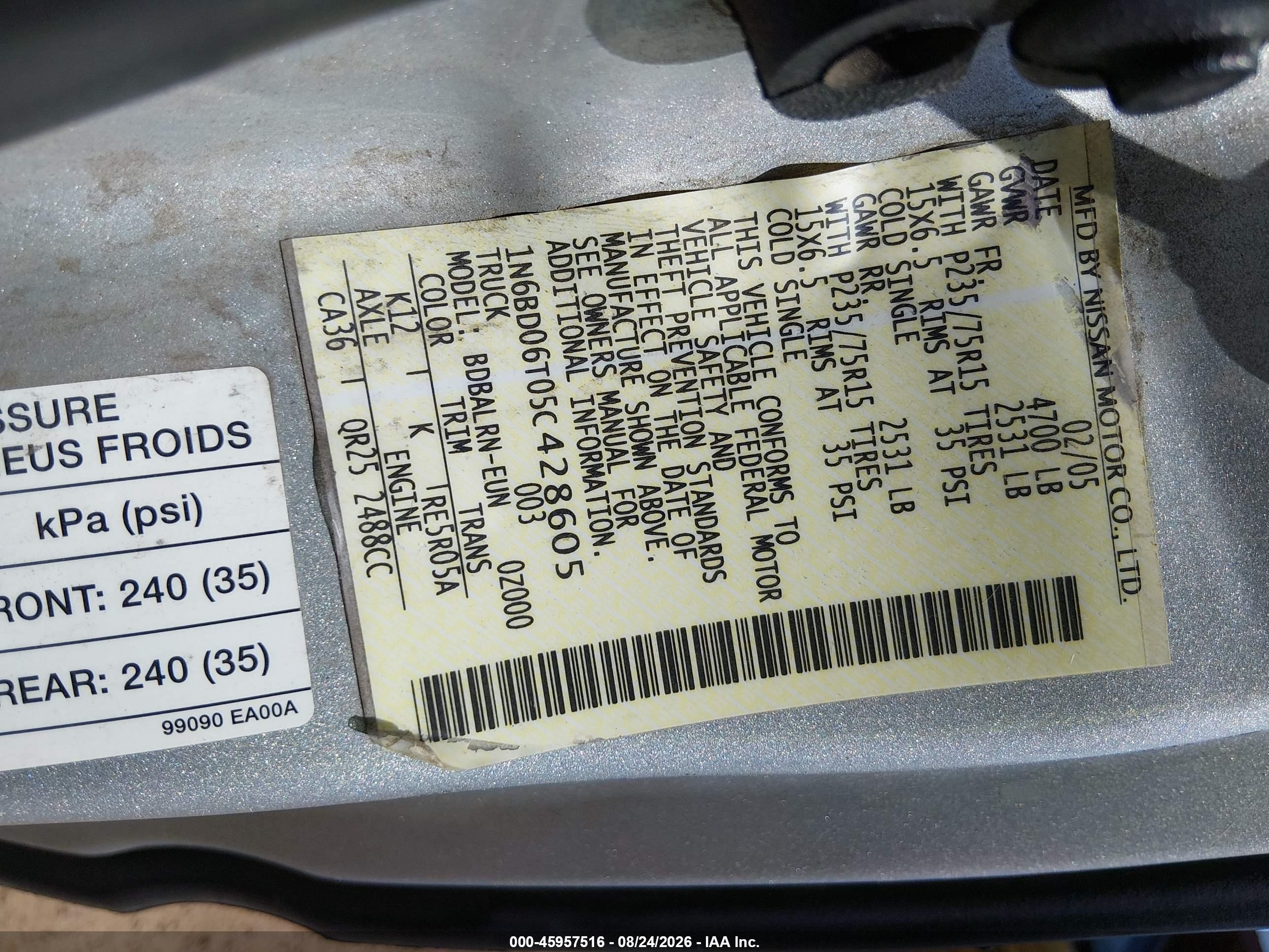 2005 Nissan Frontier Xe Серебряный vin: 1N6BD06T05C428605