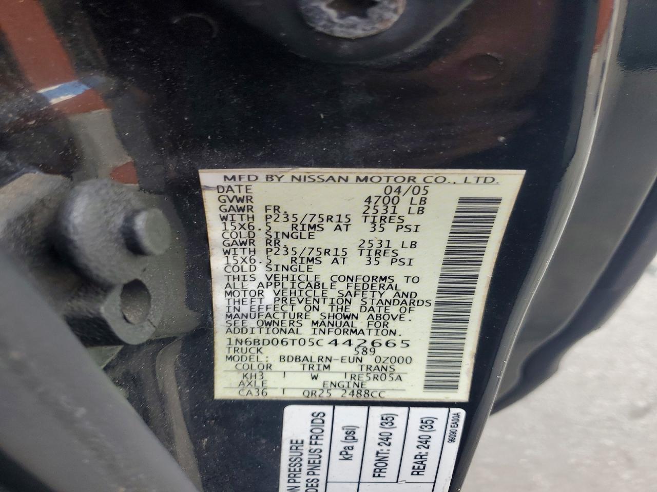 2005 Nissan Frontier Xe Black vin: 1N6BD06T05C442665