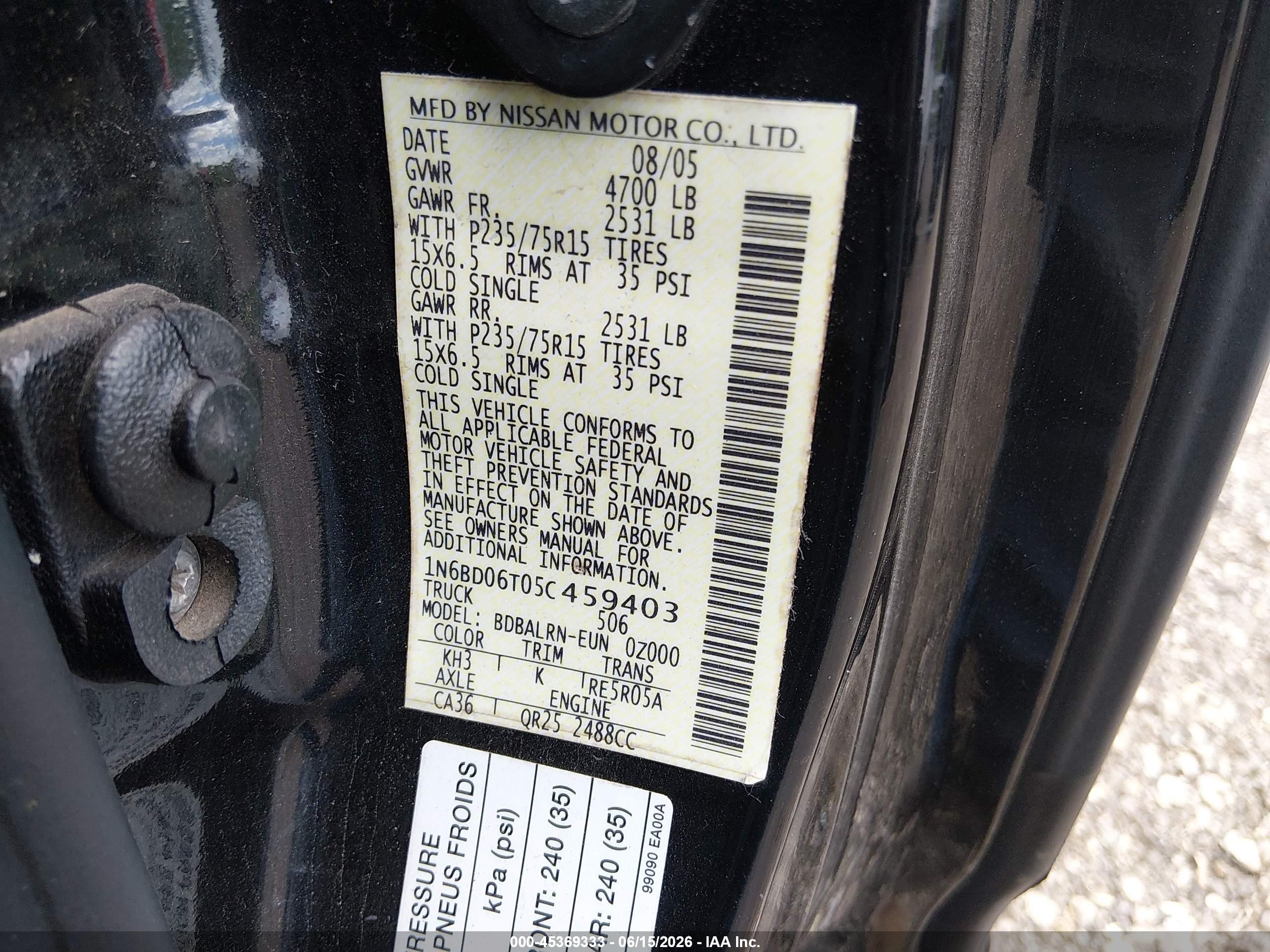 2005 Nissan Frontier 2wd Xe Black vin: 1N6BD06T05C459403