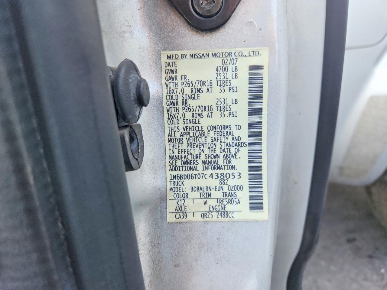 2007 Nissan Frontier Xe Silver vin: 1N6BD06T07C438053