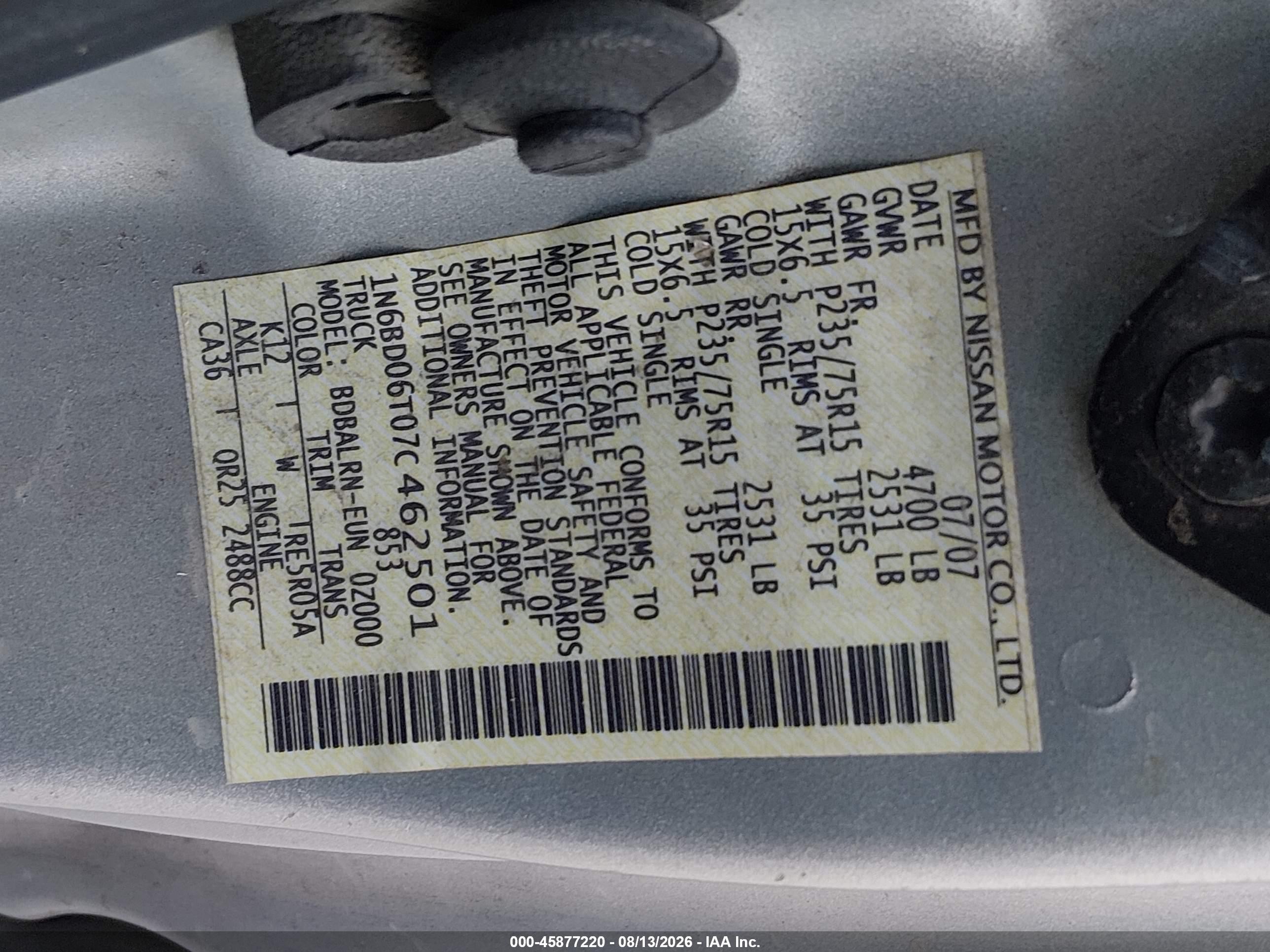 2007 Nissan Frontier Xe Gray vin: 1N6BD06T07C462501