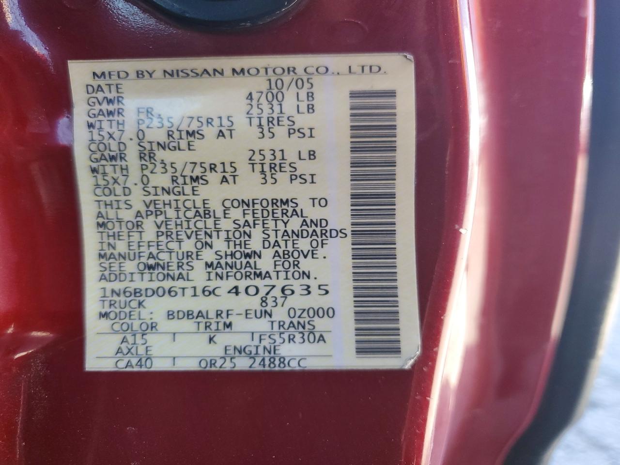2006 Nissan Frontier King Cab Xe Burgundy vin: 1N6BD06T16C407635
