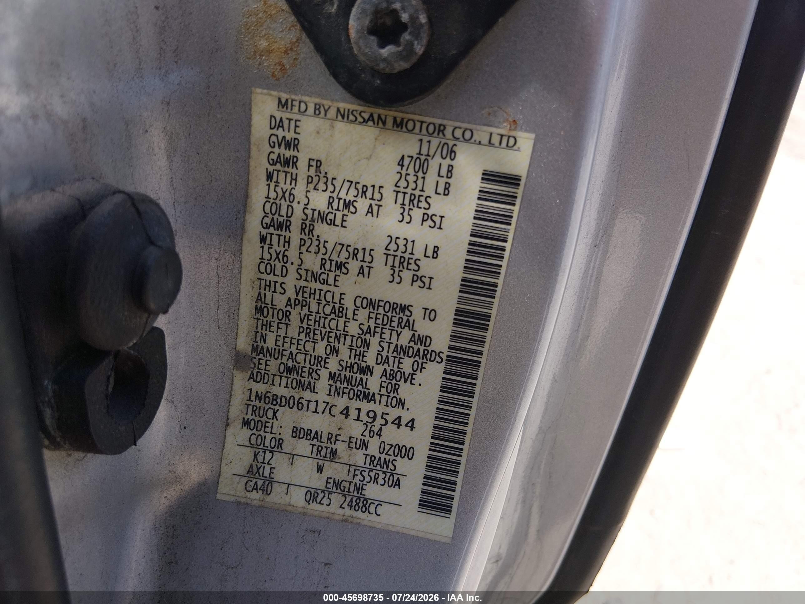 2007 Nissan Frontier Xe Серебряный vin: 1N6BD06T17C419544