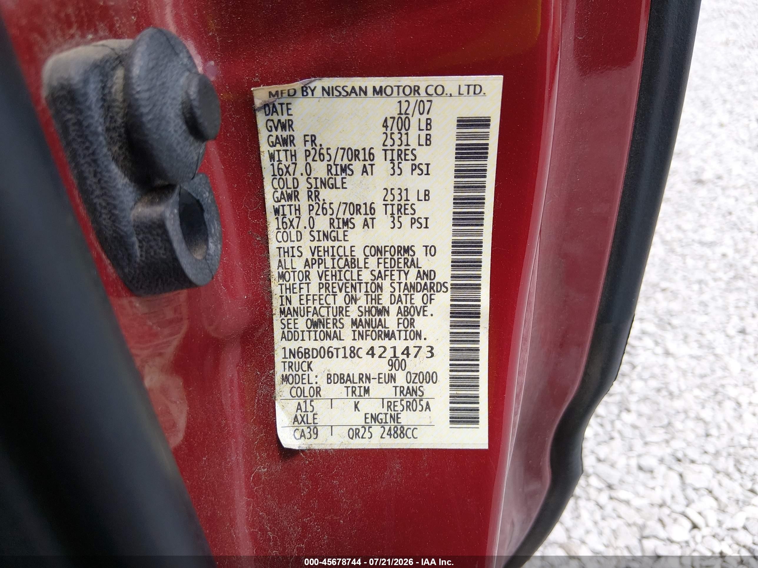 2008 Nissan Frontier Se-i4 Красный vin: 1N6BD06T18C421473