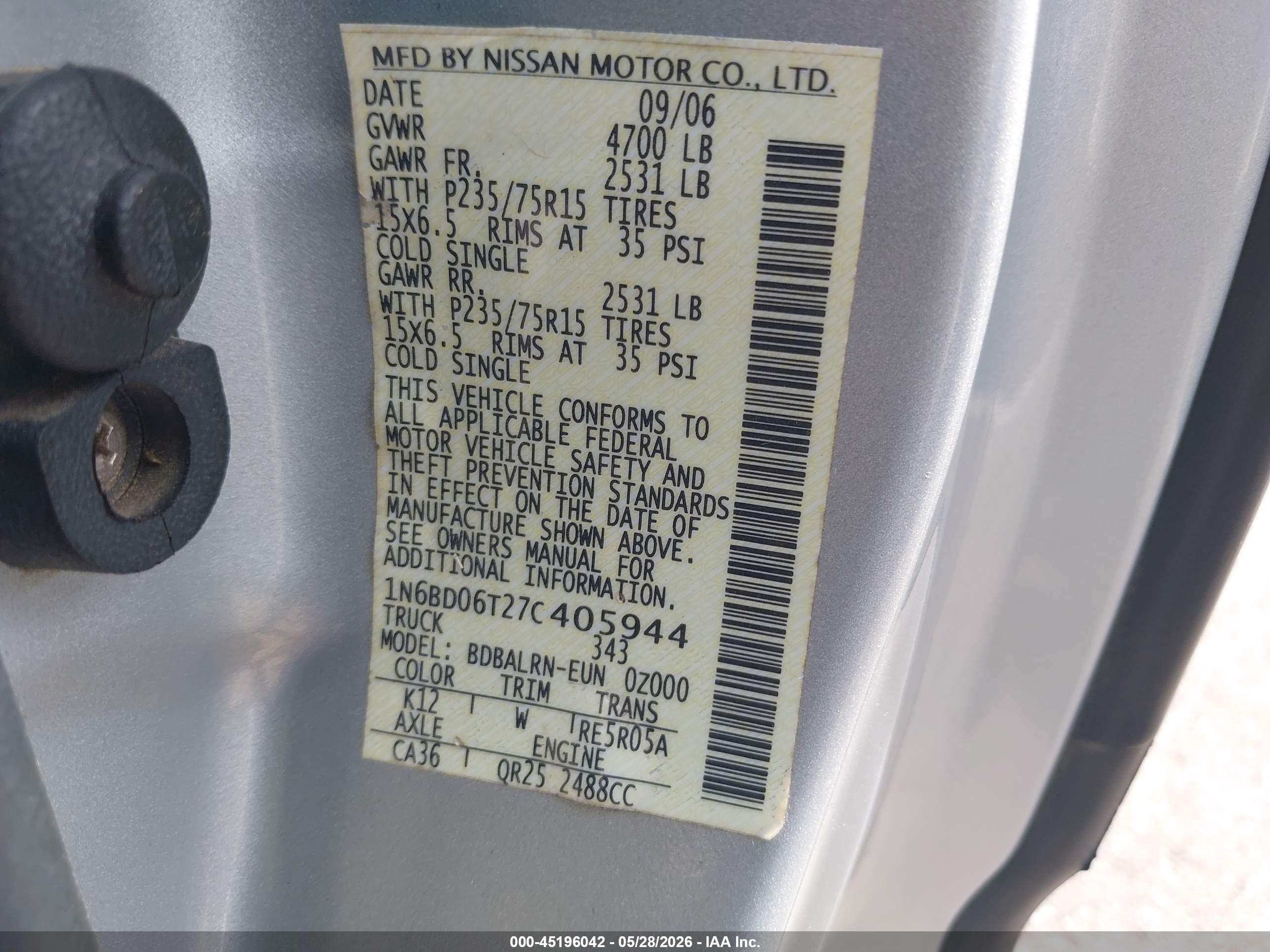 2007 Nissan Frontier Xe Gray vin: 1N6BD06T27C405944