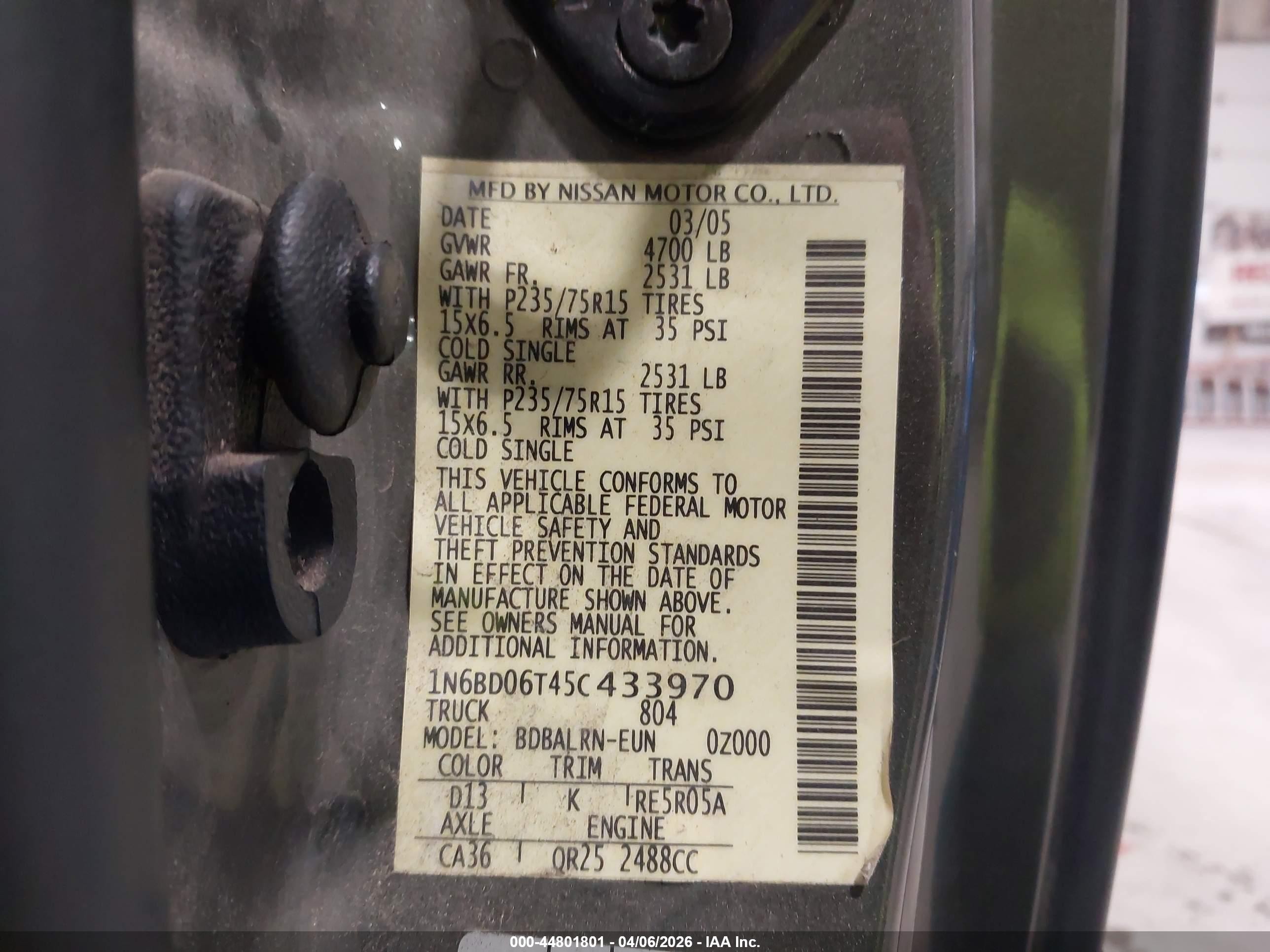 2005 Nissan Frontier Xe Green vin: 1N6BD06T45C433970