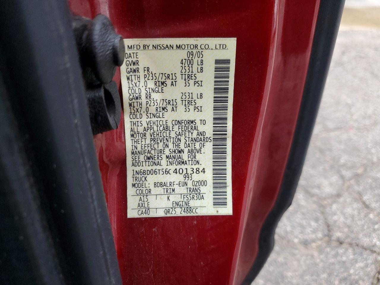 2006 Nissan Frontier Xe Maroon vin: 1N6BD06T56C401384